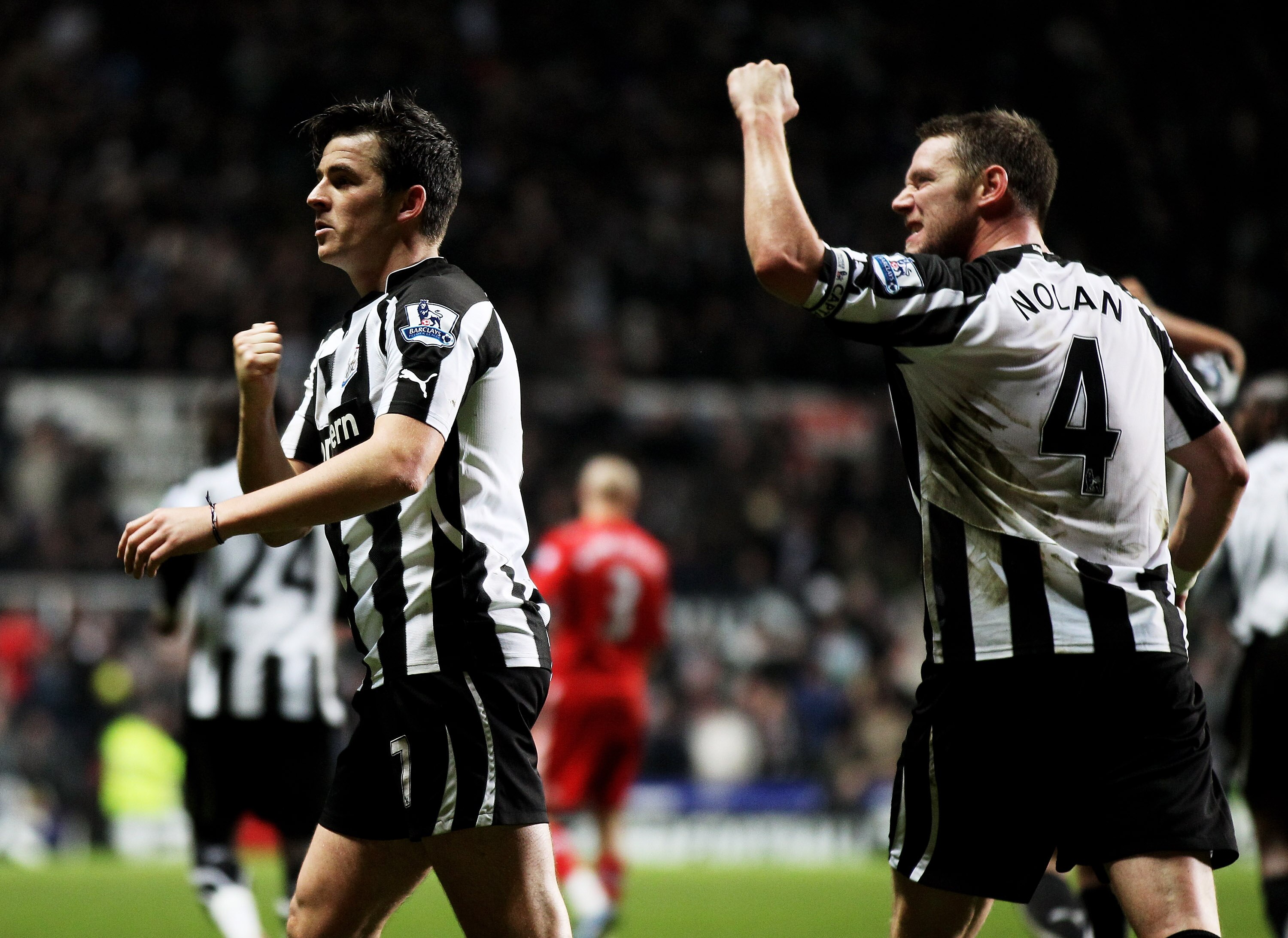 NEWCASTLE, UNITED KINGDOM - DECEMBER 11:  Joey Barton of Newcastle United celebrates scoring his team's second goal with team mate Kevin Nolan (R) during the Barclays Premier League match between Newcastle United and Liverpool at St James' Park on Decembe