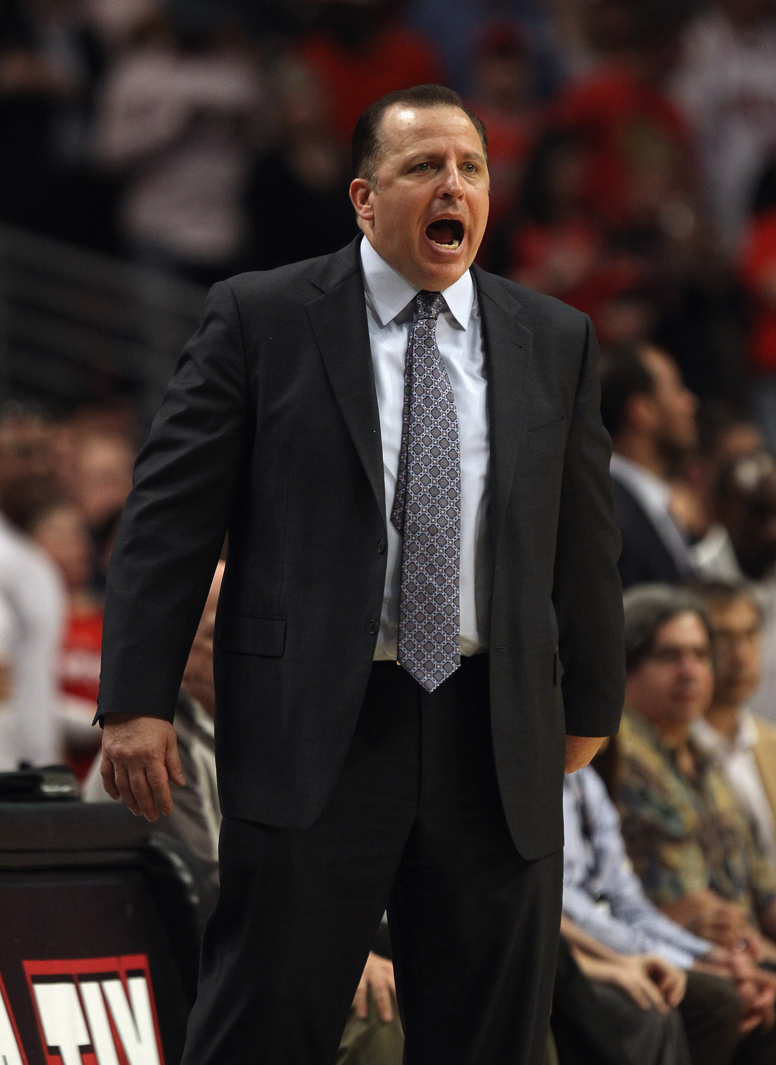 CHICAGO, IL - APRIL 13: Head coach Tom Thibodeau of the Chicago Bulls yells instructions to his team during a game against the New Jersey Nets at the United Center on April 13, 2011 in Chicago, Illinois. The Bulls defeated the Nets 97-92. NOTE TO USER: Us