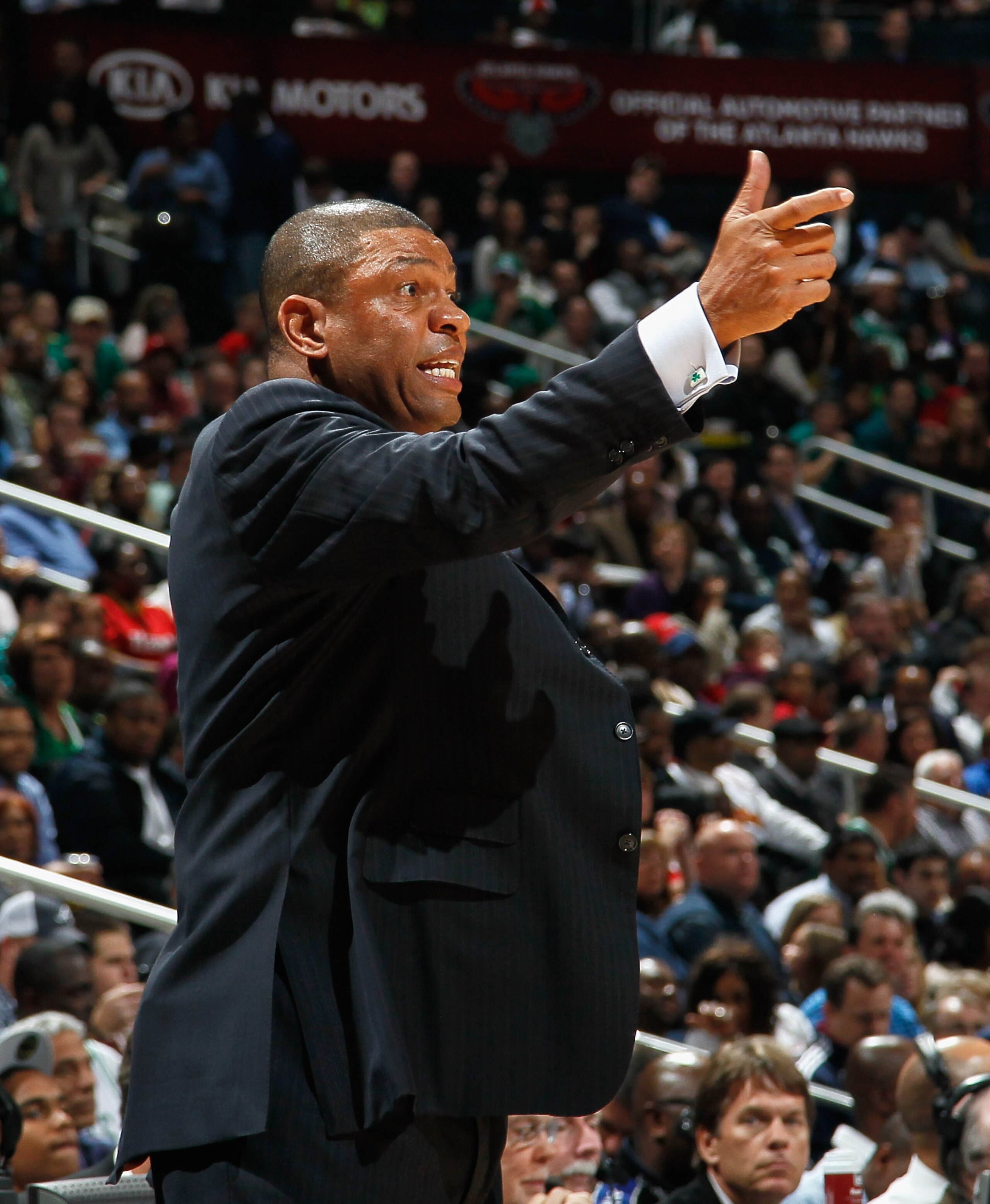 ATLANTA, GA - APRIL 01:  Head coach Doc Rivers of the Boston Celtics against the Atlanta Hawks at Philips Arena on April 1, 2011 in Atlanta, Georgia.  NOTE TO USER: User expressly acknowledges and agrees that, by downloading and/or using this Photograph, 