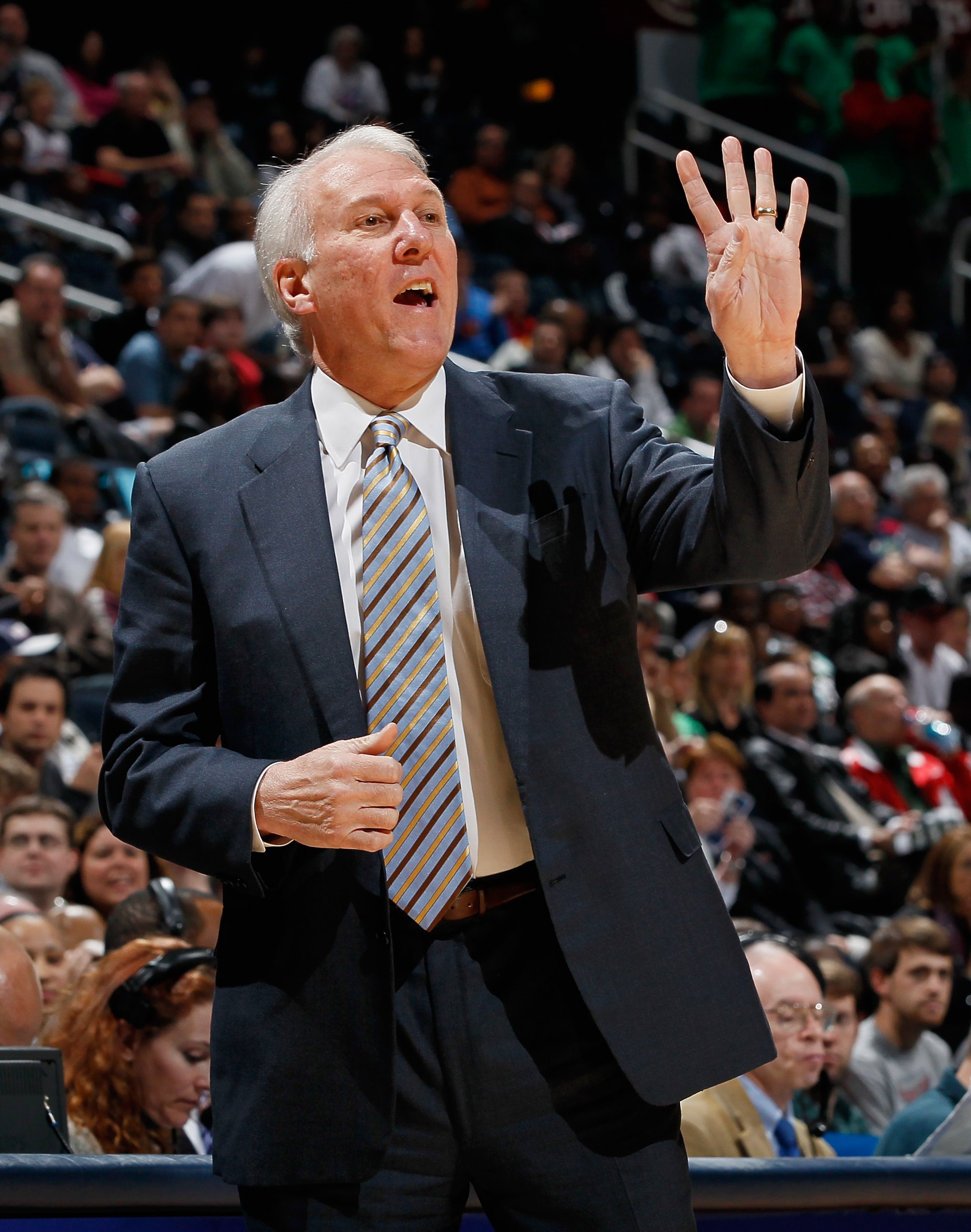 ATLANTA, GA - APRIL 05:  Head coach Gregg Popovich of the San Antonio Spurs against the Atlanta Hawks at Philips Arena on April 5, 2011 in Atlanta, Georgia.  NOTE TO USER: User expressly acknowledges and agrees that, by downloading and/or using this Photo