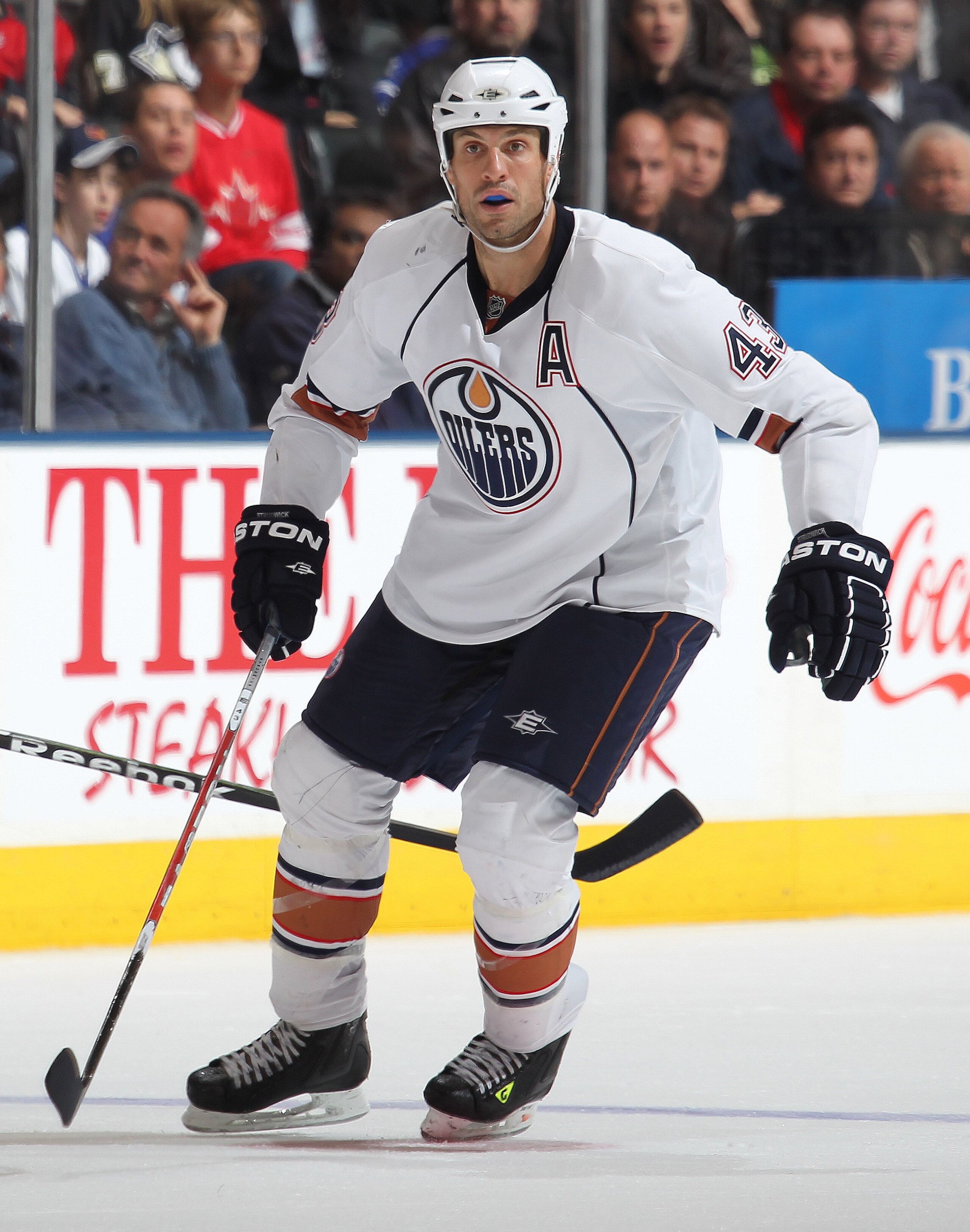 TORONTO, ON - MARCH 13: Jason Strudwick #43 of the Edmonton Oilers skates in a game against the Toronto Maple Leafs on March 13, 2010 at the Air Canada Centre in Toronto, Ontario. The Leafs defeated the Oilers 6-4. (Photo by Claus Andersen/Getty Images) TORONTO, ON - MARCH 13: Jason Strudwick #43 of the Edmonton Oilers skates in a game against the Toronto Maple Leafs on March 13, 2010 at the Air Canada Centre in Toronto, Ontario. The Leafs defeated the Oilers 6-4. (Photo by Claus Andersen/Getty Images)