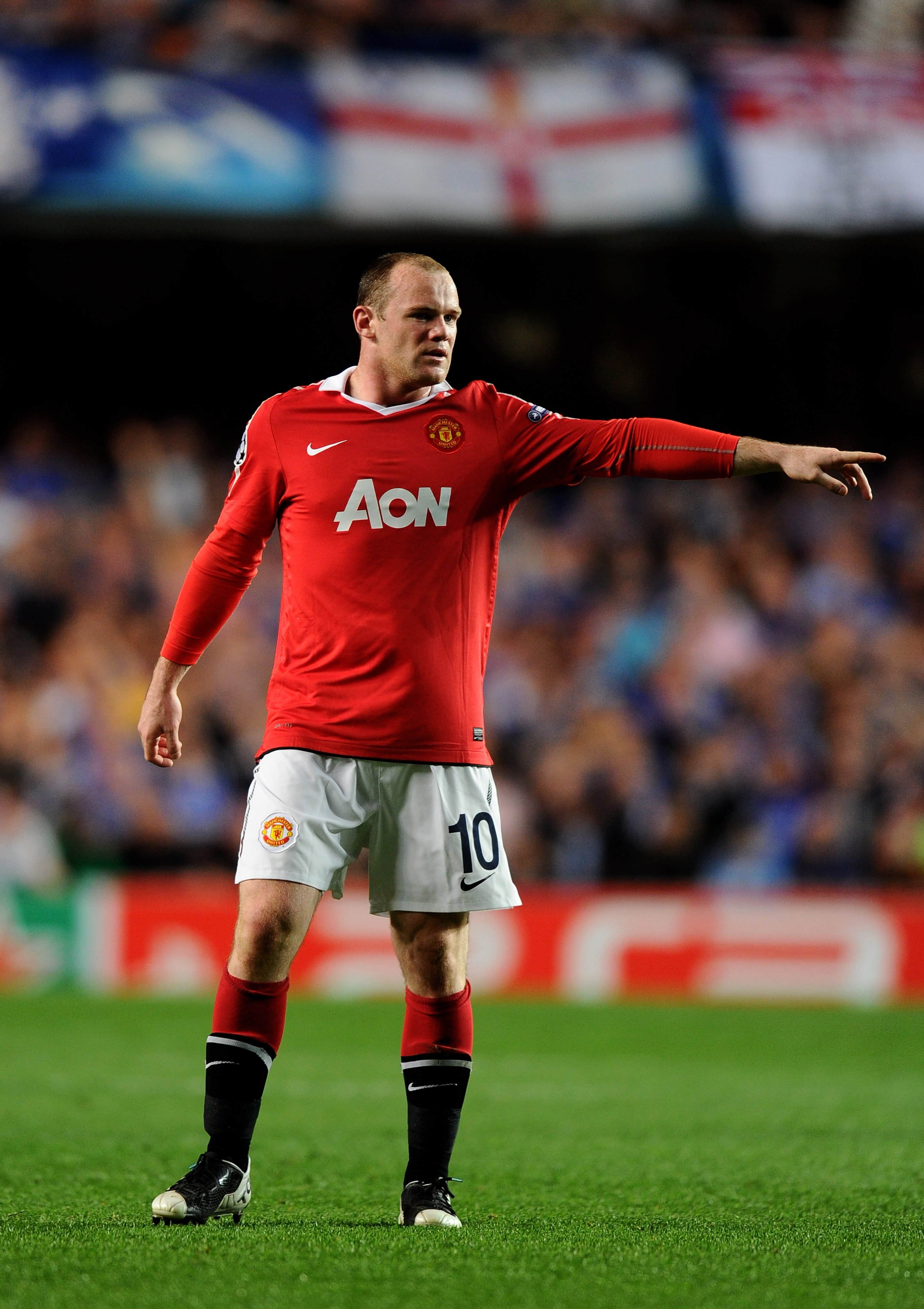 LONDON, ENGLAND - APRIL 06:  Wayne Rooney of Manchester United gestures during the UEFA Champions League quarter final first leg match between Chelsea and Manchester United at Stamford Bridge on April 6, 2011 in London, England.  (Photo by Mike Hewitt/Get