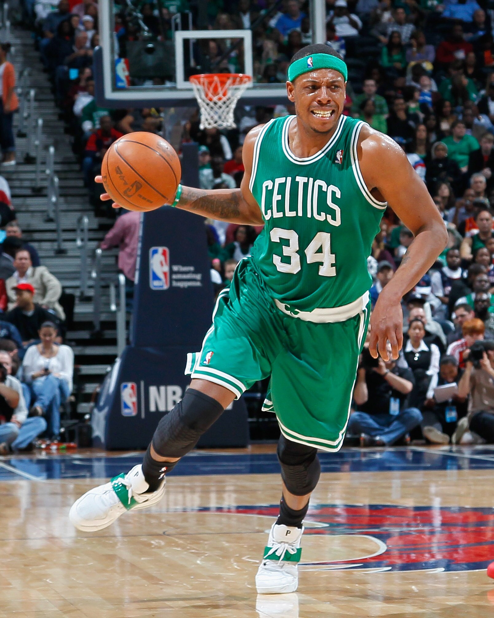 ATLANTA, GA - APRIL 01:  Paul Pierce #34 of the Boston Celtics against the Atlanta Hawks at Philips Arena on April 1, 2011 in Atlanta, Georgia.  NOTE TO USER: User expressly acknowledges and agrees that, by downloading and/or using this Photograph, user i