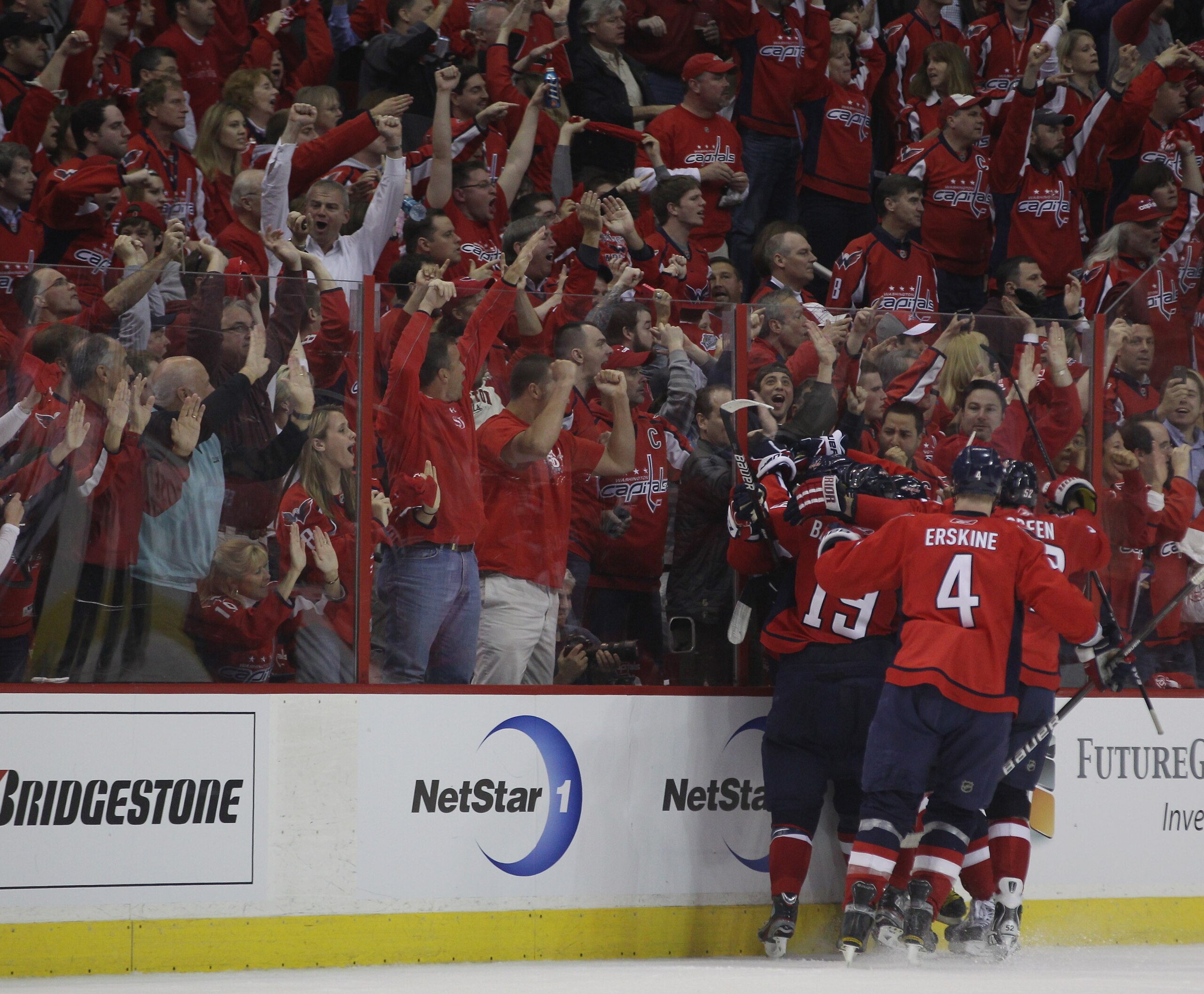 WASHINGTON, DC - APRIL 13:  Alex Ovechkin #8 of the Washington Capitals scores the game tying goal in the third period against the New York Rangers  in Game One of the Eastern Conference Quarterfinals during the 2011 NHL Stanley Cup Playoffs at Verizon Ce