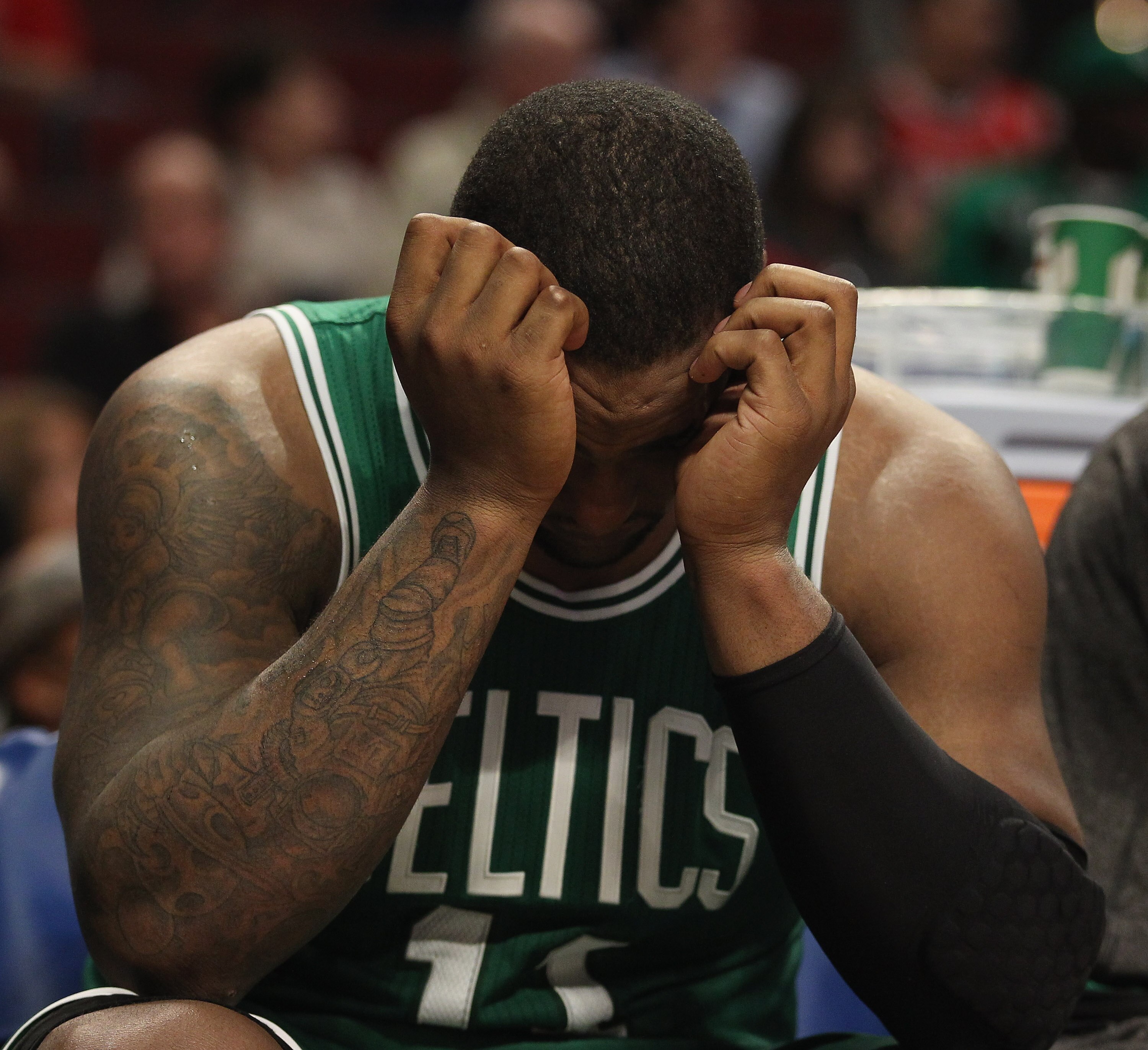 CHICAGO, IL - APRIL 07: Glen Davis #11 of the Boston Celtics reacts on the bench near the end of a loss to the Chicago Bulls at United Center on April 7, 2011 in Chicago, Illinois. The Bulls defeated the Celtics 97-81. NOTE TO USER: User expressly acknowl