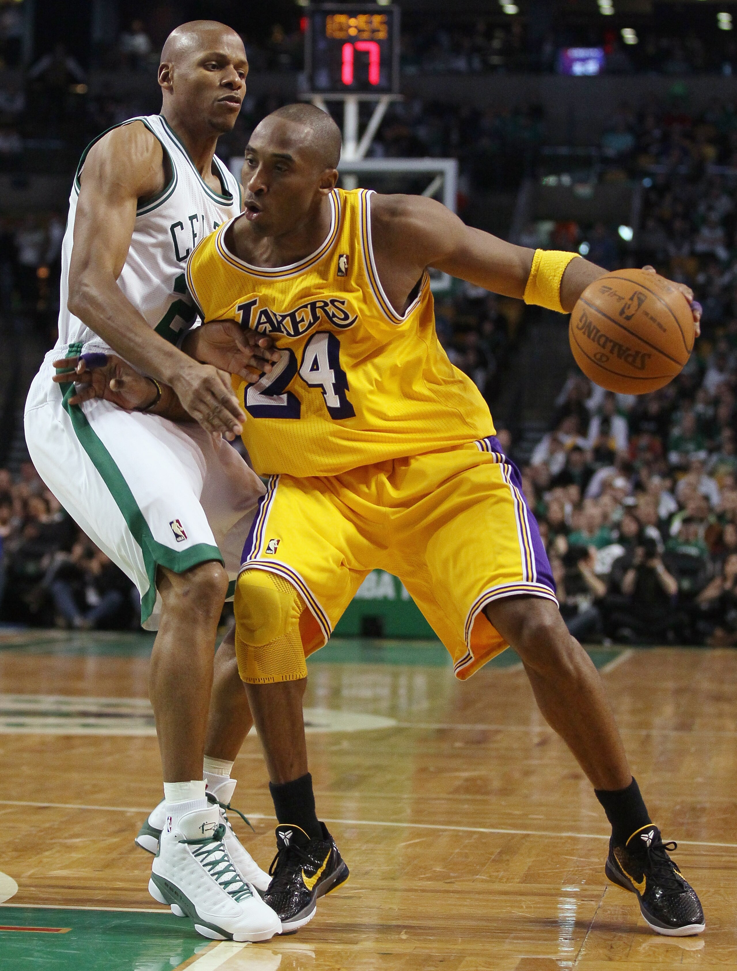 BOSTON, MA - FEBRUARY 10: Kobe Bryant #24 of the Los Angeles Lakers tries to get around Ray Allen #20 of the Boston Celtics on February 10, 2011 at the TD Garden in Boston, Massachusetts. The Lakers defeated the Celtics 92-86. NOTE TO USER: User express BOSTON, MA - FEBRUARY 10: Kobe Bryant #24 of the Los Angeles Lakers tries to get around Ray Allen #20 of the Boston Celtics on February 10, 2011 at the TD Garden in Boston, Massachusetts. The Lakers defeated the Celtics 92-86. NOTE TO USER: User express