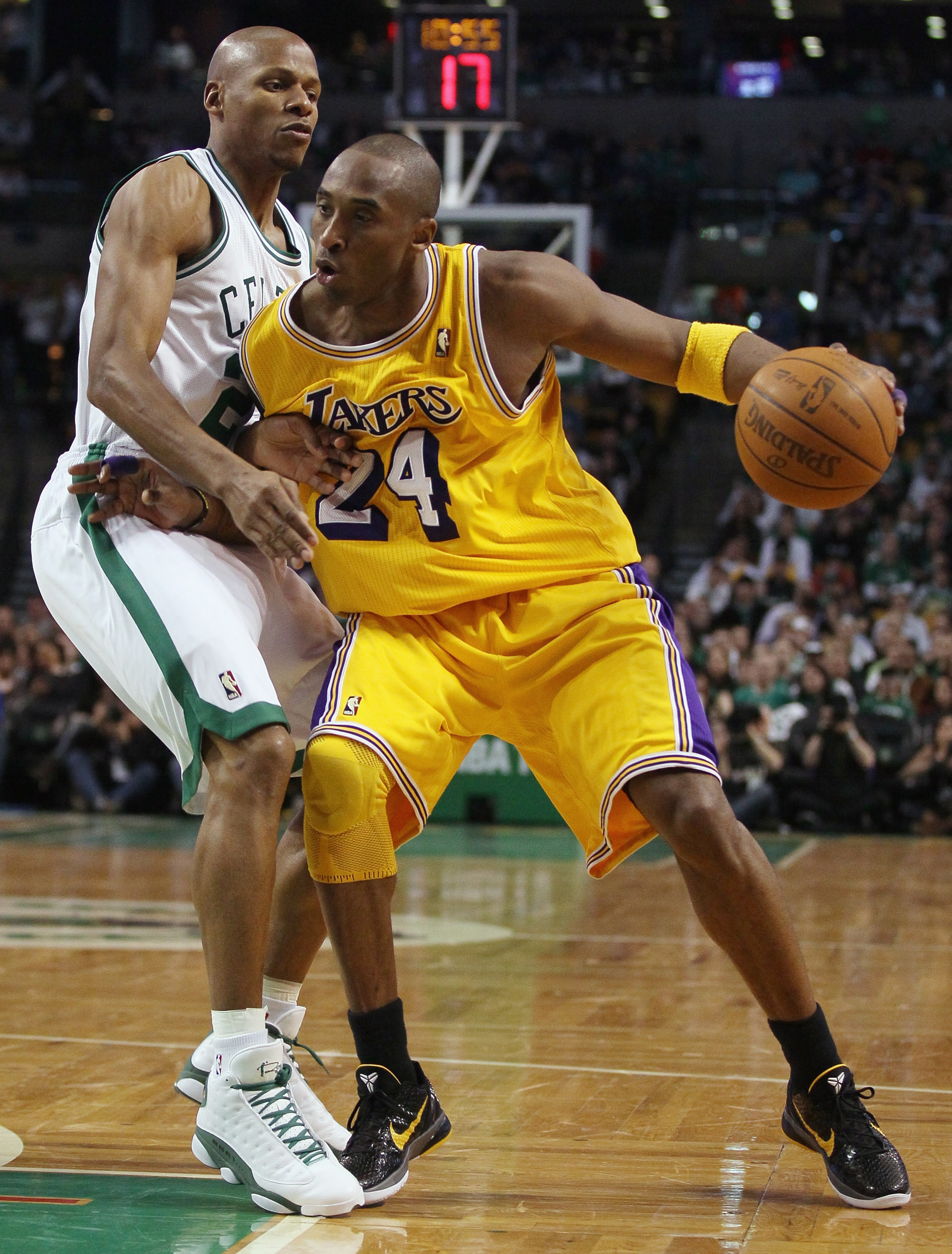 BOSTON, MA - FEBRUARY 10: Kobe Bryant #24 of the Los Angeles Lakers tries to get around Ray Allen #20 of the Boston Celtics on February 10, 2011 at the TD Garden in Boston, Massachusetts. The Lakers defeated the Celtics 92-86. NOTE TO USER: User express BOSTON, MA - FEBRUARY 10: Kobe Bryant #24 of the Los Angeles Lakers tries to get around Ray Allen #20 of the Boston Celtics on February 10, 2011 at the TD Garden in Boston, Massachusetts. The Lakers defeated the Celtics 92-86. NOTE TO USER: User express
