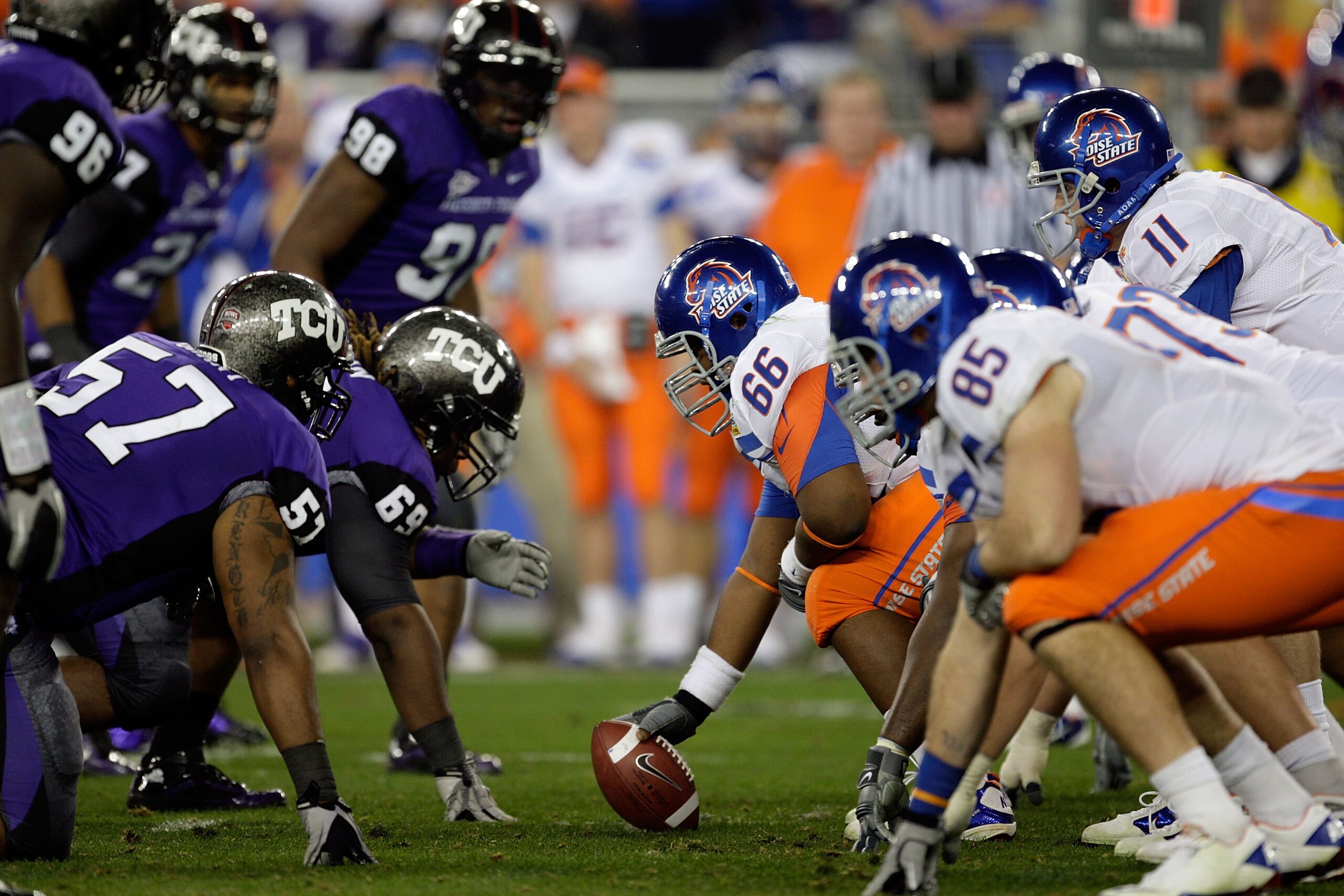 GLENDALE, AZ - JANUARY 04: Thomas Byrd #66 of the Boise State Broncos waits to snap the ball in the third quarter against the TCU Horned Frogs during the Tostitos Fiesta Bowl at the Universtity of Phoenix Stadium on January 4, 2010 in Glendale, Arizona. GLENDALE, AZ - JANUARY 04: Thomas Byrd #66 of the Boise State Broncos waits to snap the ball in the third quarter against the TCU Horned Frogs during the Tostitos Fiesta Bowl at the Universtity of Phoenix Stadium on January 4, 2010 in Glendale, Arizona.