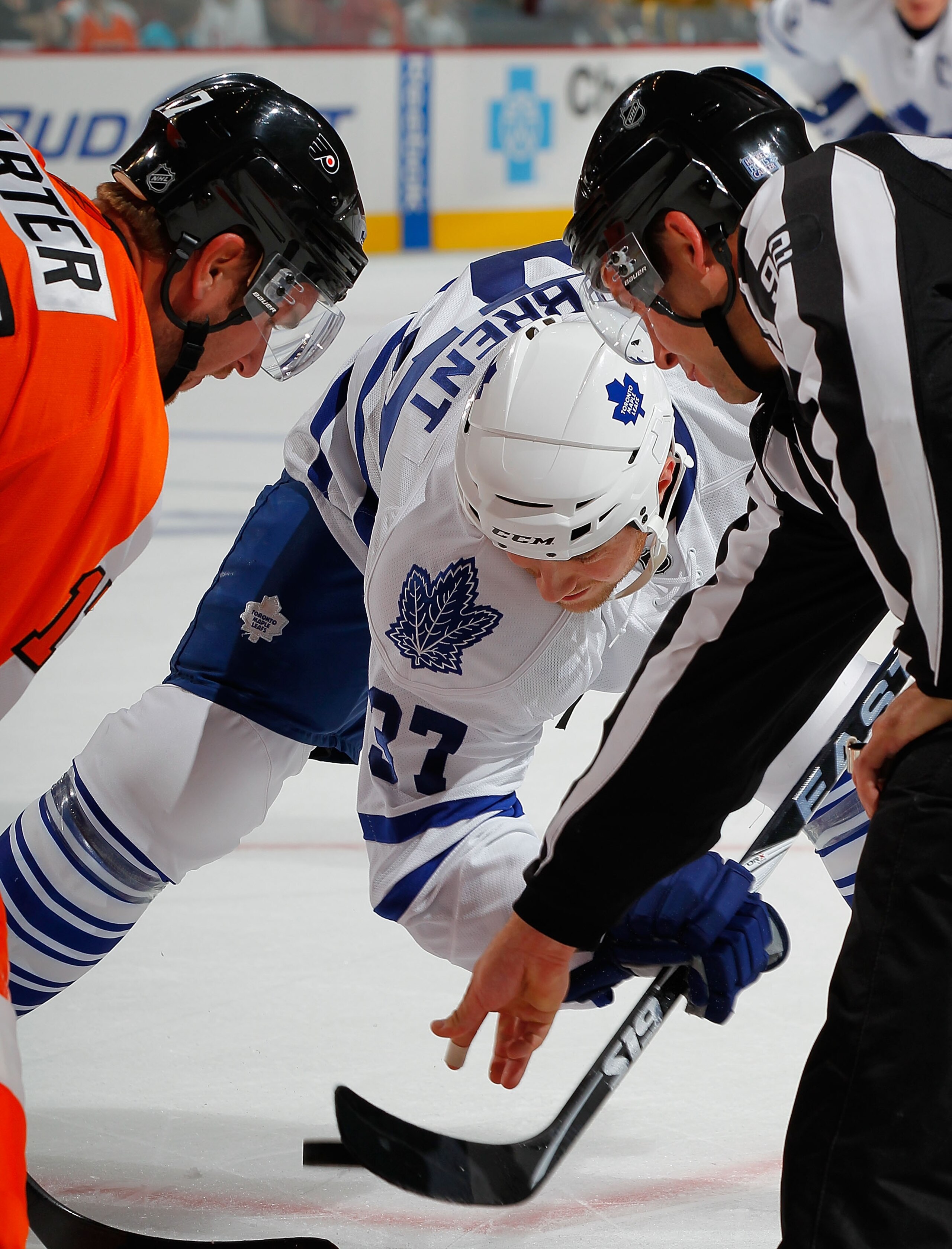 PHILADELPHIA - OCTOBER 23: Tim Brent #37 of the Toronto Maple Leafs moves as the puck is dropped on a faceoff during a hockey game against the Philadelphia Flyers at the Wells Fargo Center on October 23, 2010 in Philadelphia, Pennsylvania. (Photo by Pau PHILADELPHIA - OCTOBER 23: Tim Brent #37 of the Toronto Maple Leafs moves as the puck is dropped on a faceoff during a hockey game against the Philadelphia Flyers at the Wells Fargo Center on October 23, 2010 in Philadelphia, Pennsylvania. (Photo by Pau