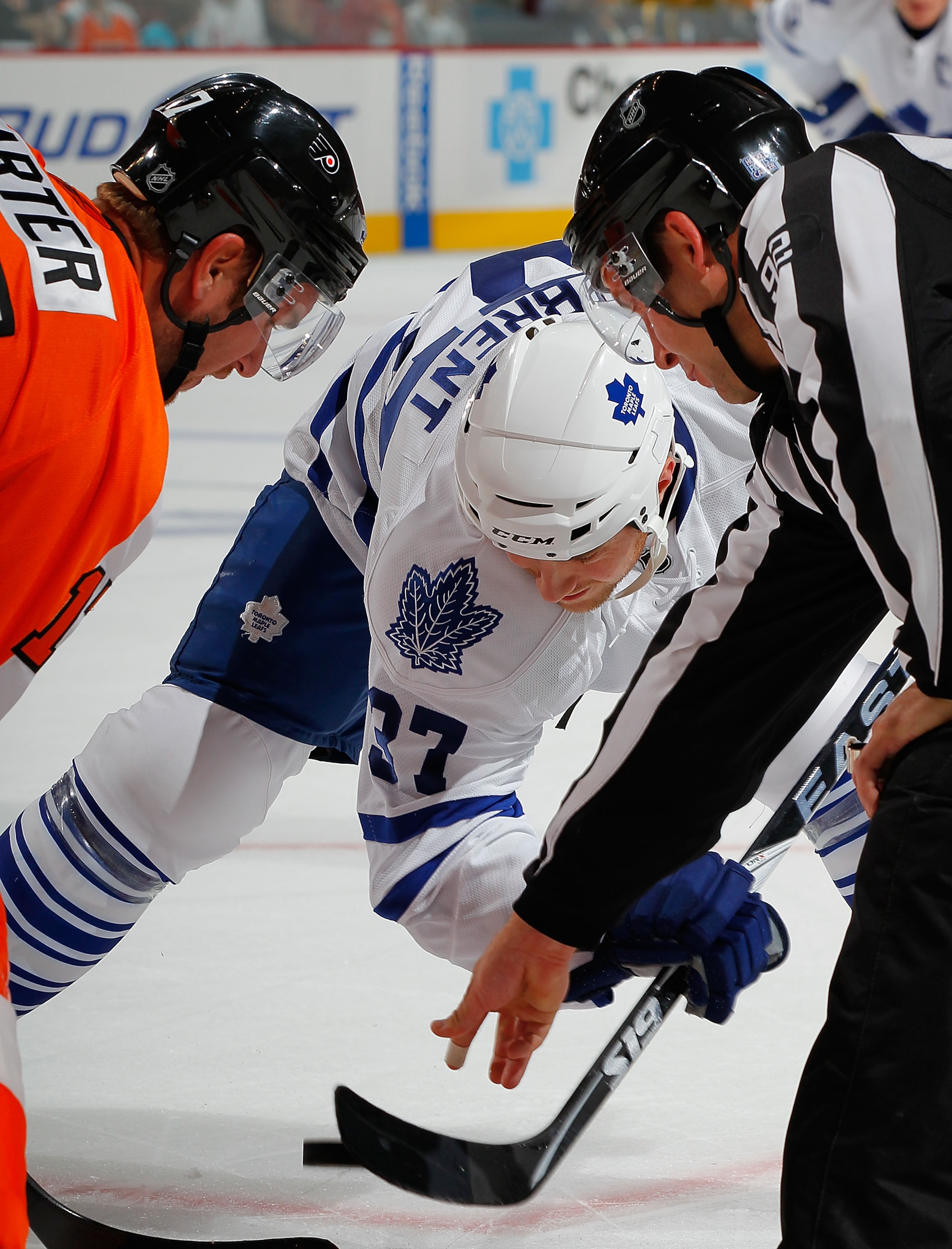 PHILADELPHIA - OCTOBER 23:  Tim Brent #37 of the Toronto Maple Leafs moves as the puck is dropped on a faceoff during a hockey game against the Philadelphia Flyers at the Wells Fargo Center on October 23, 2010 in Philadelphia, Pennsylvania.  (Photo by Pau