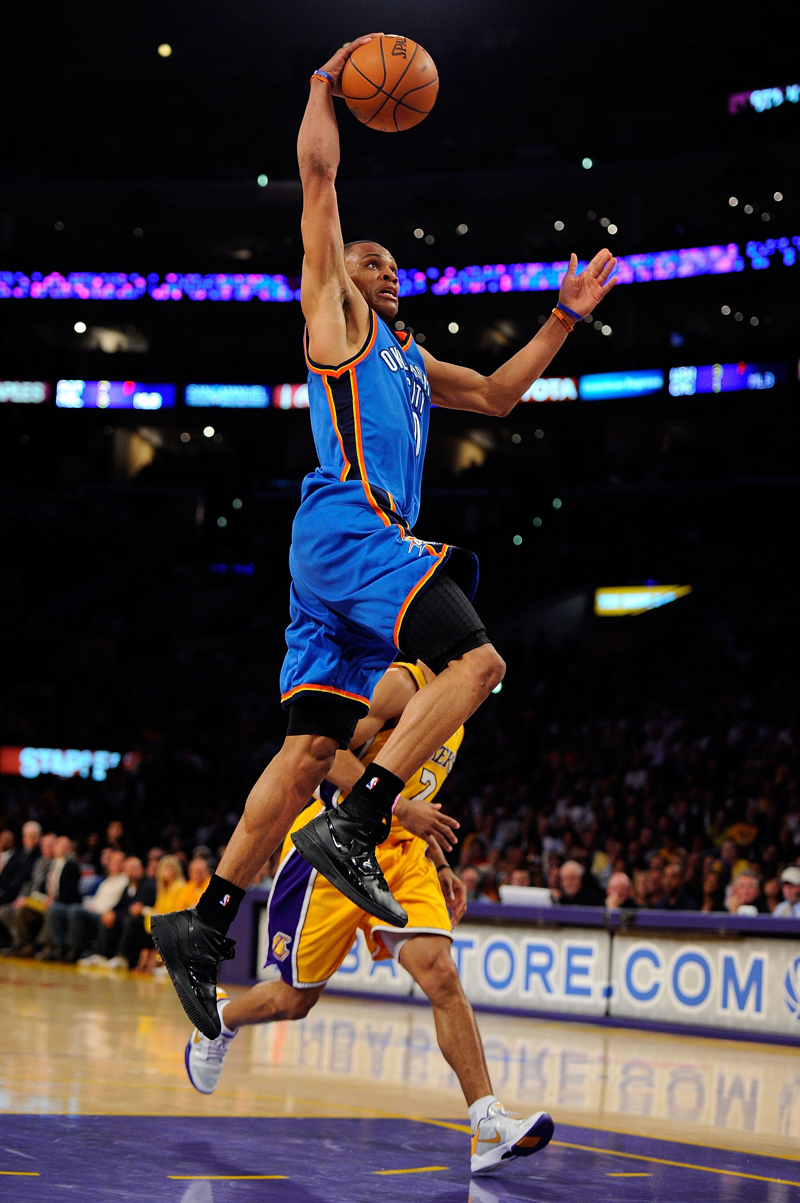 LOS ANGELES, CA - APRIL 27: Russell Westbrook #0 of the Oklahoma City Thunder goes up for a dunk in the second quarter while taking on the Los Angeles Lakers during Game Two of the Western Conference Quarterfinals of the 2010 NBA Playoffs at Staples Cent LOS ANGELES, CA - APRIL 27: Russell Westbrook #0 of the Oklahoma City Thunder goes up for a dunk in the second quarter while taking on the Los Angeles Lakers during Game Two of the Western Conference Quarterfinals of the 2010 NBA Playoffs at Staples Cent