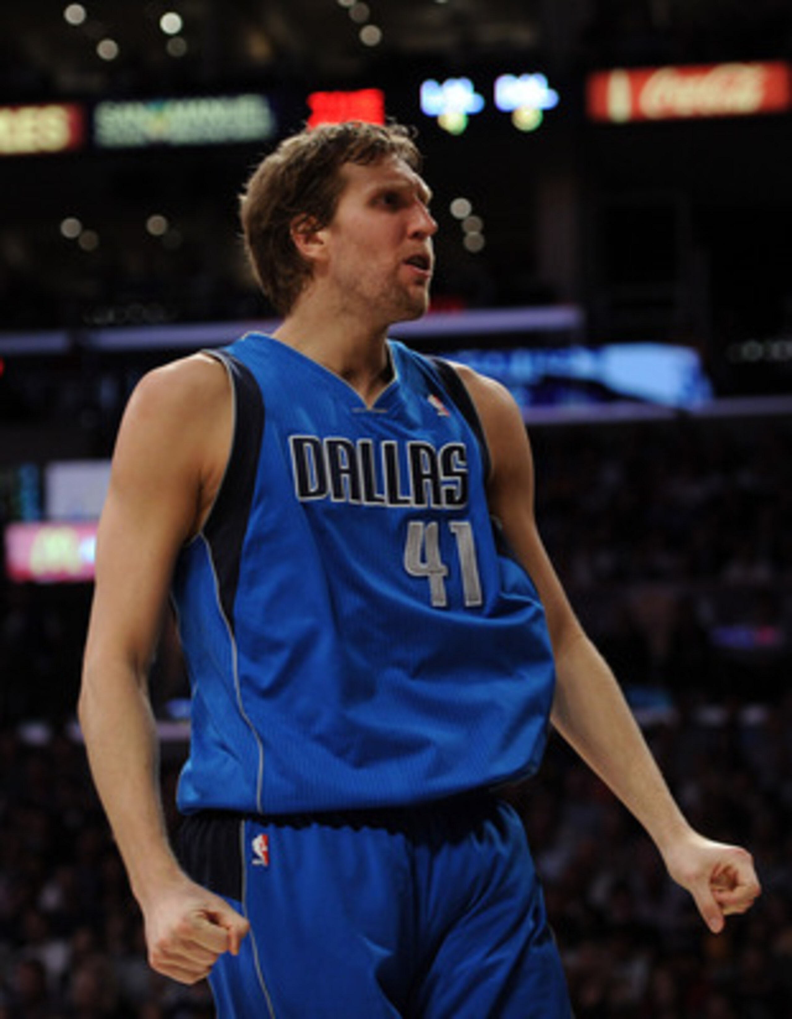 LOS ANGELES, CA - MARCH 31: Dirk Nowitzki #41 of the Dallas Mavericks reacts to his basket against the Los Angeles Lakers at Staples Center on March 31, 2011 in Los Angeles, California. NOTE TO USER: User expressly acknowledges and agrees that, by downl LOS ANGELES, CA - MARCH 31: Dirk Nowitzki #41 of the Dallas Mavericks reacts to his basket against the Los Angeles Lakers at Staples Center on March 31, 2011 in Los Angeles, California. NOTE TO USER: User expressly acknowledges and agrees that, by downl