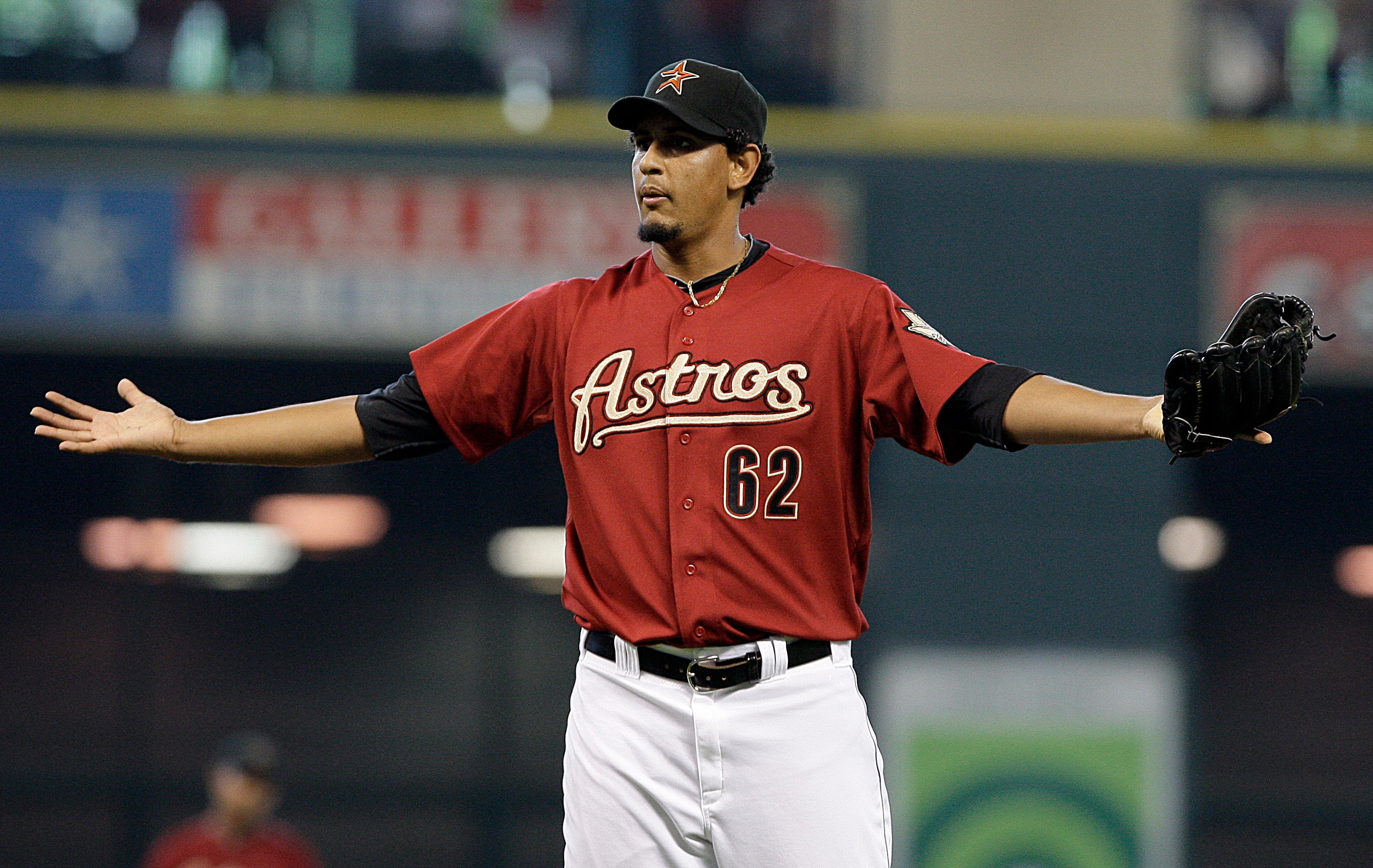 HOUSTON, TX - APRIL 10: Pitcher Aneury Rodriguez #62 of the Houston Astros gestures to home plate umpire Jim Joyce after getting ejected from the game for hitting Gaby Sanchez #15 in a MLB  baseball game on April 10, 2011 at Minute Maid Park in Houston, T
