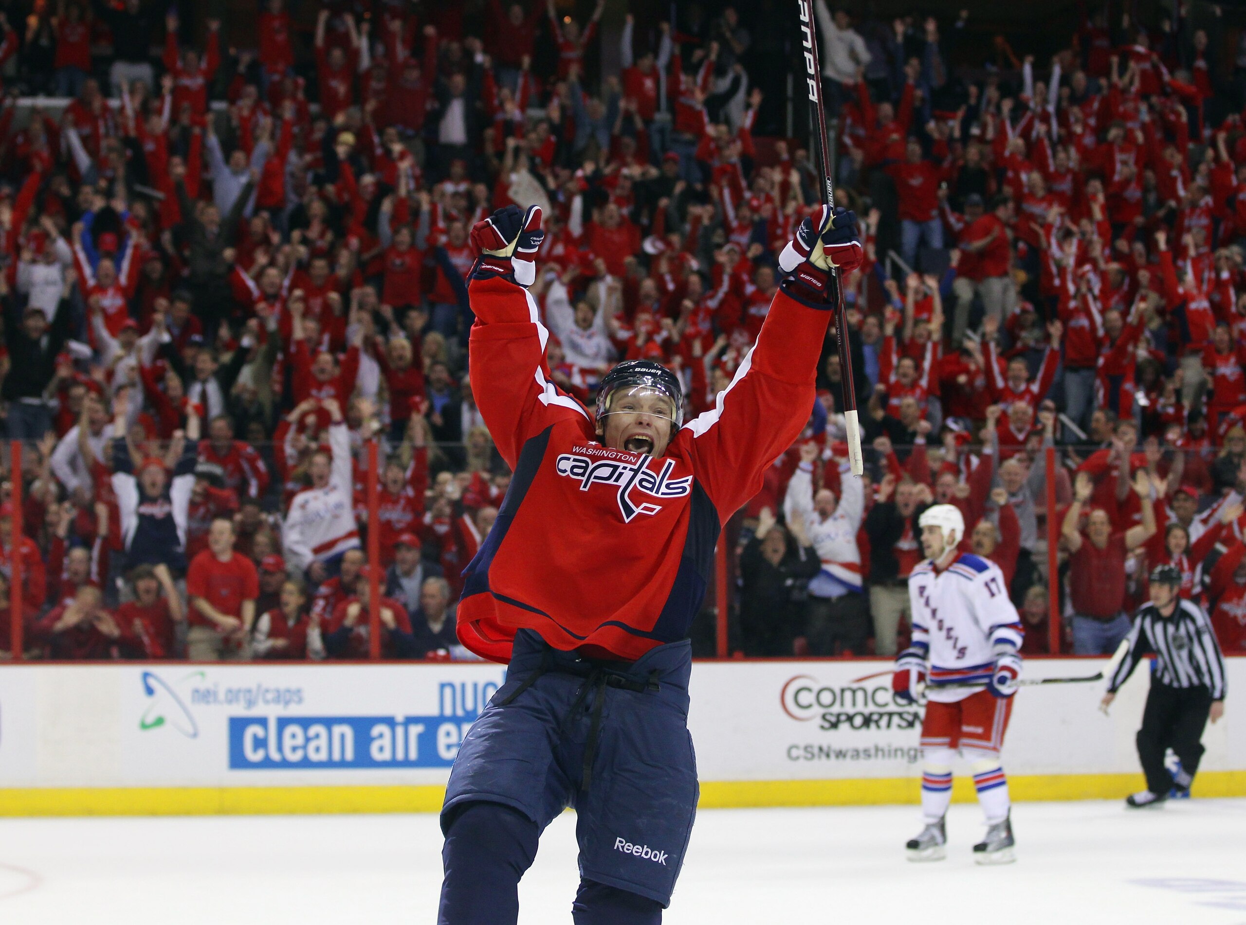 WASHINGTON, DC - APRIL 13:  Alexander Semin #28 of the Washington Capitals scores the game winning goal at 18:24 of overtime against the New York Rangers in Game One of the Eastern Conference Quarterfinals during the 2011 NHL Stanley Cup Playoffs at Veriz