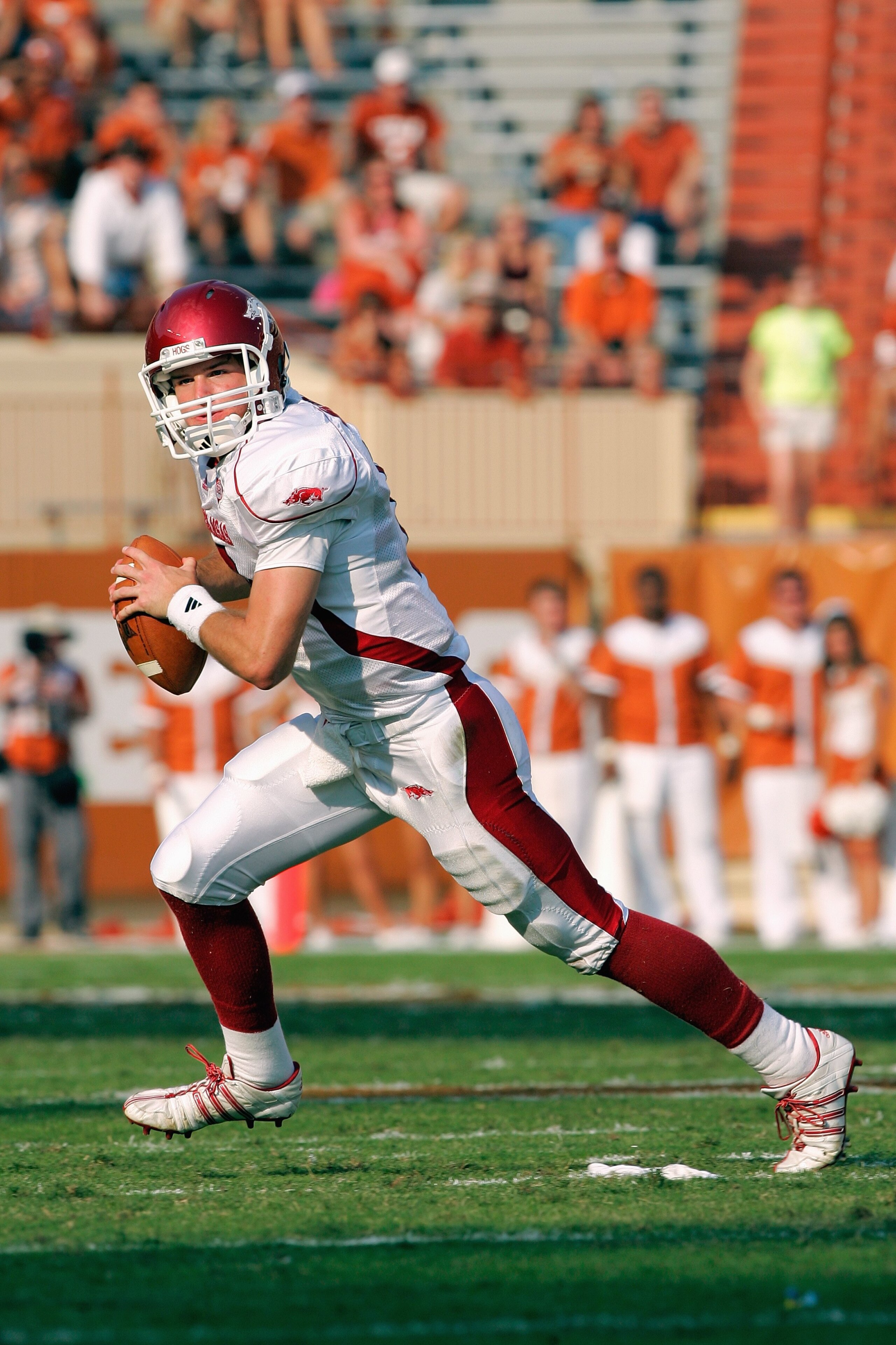 AUSTIN, TX - SEPTEMBER 27: Quarterback Tyler Wilson #8 of the Arkansas Razorbacks moves to pass the ball during the game against the Texas Longhorns on September 27, 2008 at Darrell K Royal-Texas Memorial Stadium in Austin, Texas. Texas won 52-10. (Pho AUSTIN, TX - SEPTEMBER 27: Quarterback Tyler Wilson #8 of the Arkansas Razorbacks moves to pass the ball during the game against the Texas Longhorns on September 27, 2008 at Darrell K Royal-Texas Memorial Stadium in Austin, Texas. Texas won 52-10. (Pho