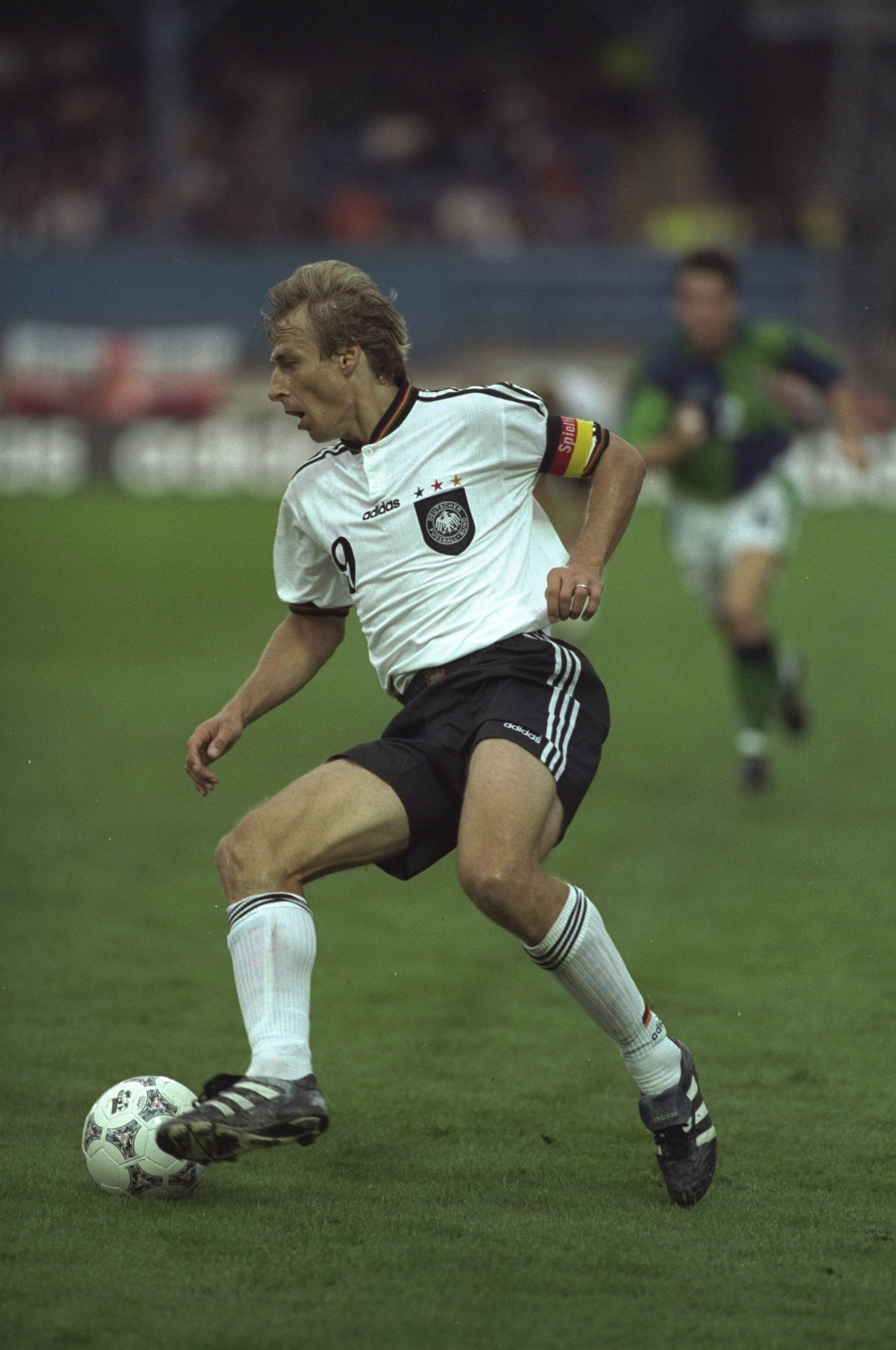 20 Aug 1997:  Jurgen Klinsmann of Germany in action during the World Cup Qualifier against Northern Ireland at Windsor Park in Belfast, Northern Ireland. Germany won the match 1-3. \ Mandatory Credit: Gary M Prior/Allsport