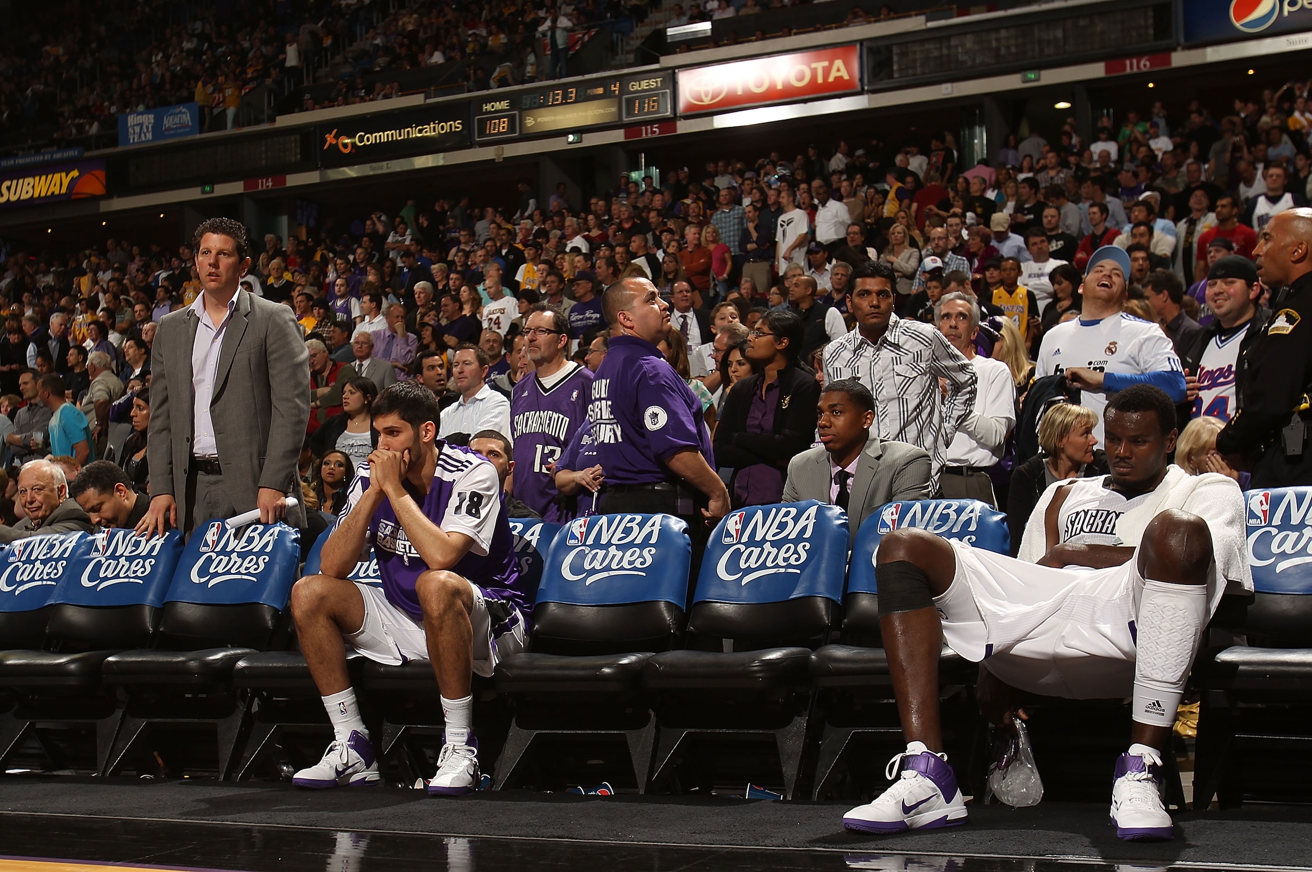 SACRAMENTO, CA - APRIL 13: Omri Casspi #18 and Samuel Dalembert #10 of the Sacramento Kings look on against the Los Angeles Lakers on April 13, 2011 at Power Balence Pavilion in Sacramento, California. NOTE TO USER: User expressly acknowledges and agrees SACRAMENTO, CA - APRIL 13: Omri Casspi #18 and Samuel Dalembert #10 of the Sacramento Kings look on against the Los Angeles Lakers on April 13, 2011 at Power Balence Pavilion in Sacramento, California. NOTE TO USER: User expressly acknowledges and agrees