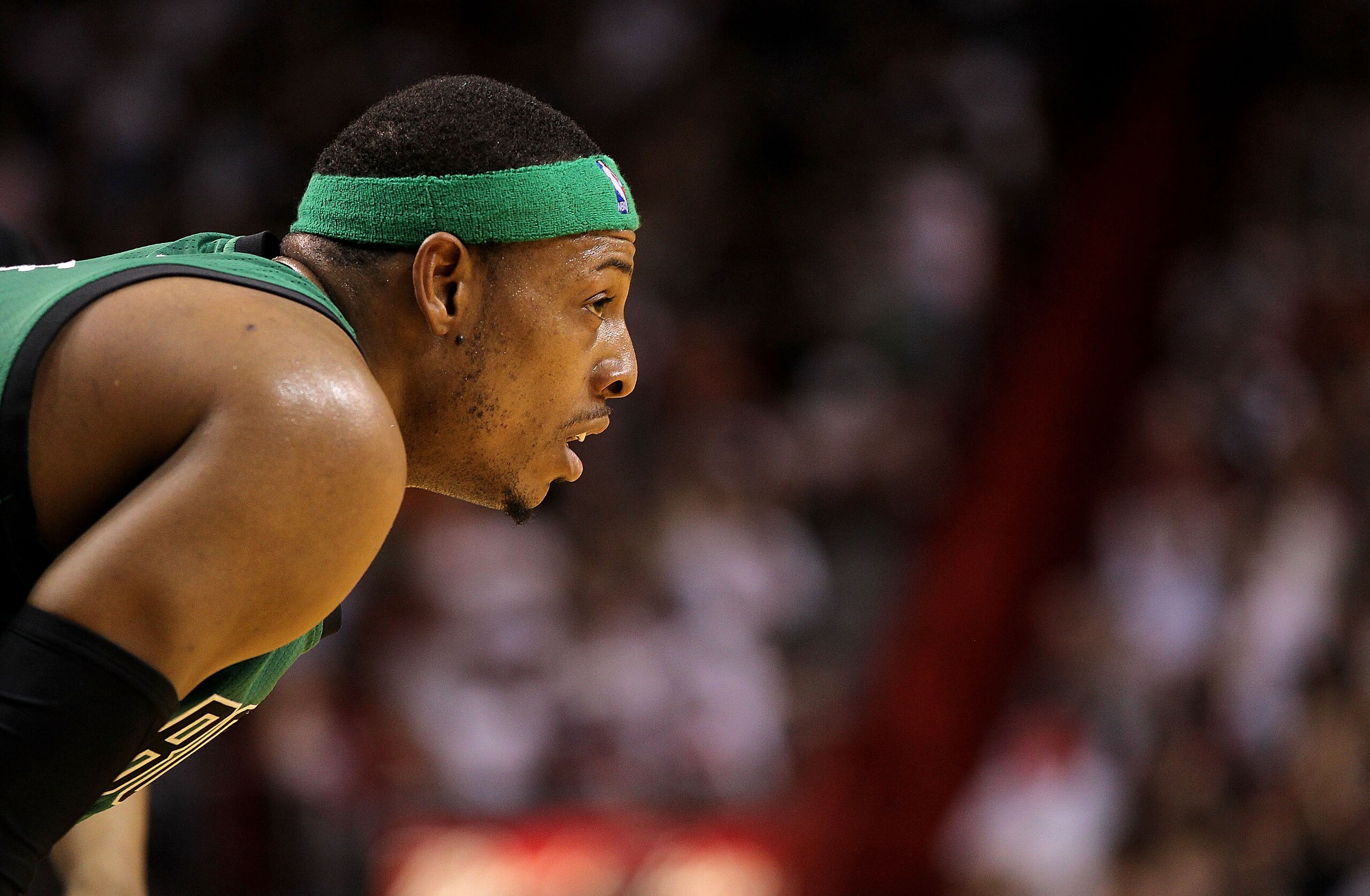 MIAMI, FL - APRIL 10: Paul Pierce #34 of the Boston Celtics looks on during a game against the Miami Heat  at American Airlines Arena on April 10, 2011 in Miami, Florida. NOTE TO USER: User expressly acknowledges and agrees that, by downloading and/or usi