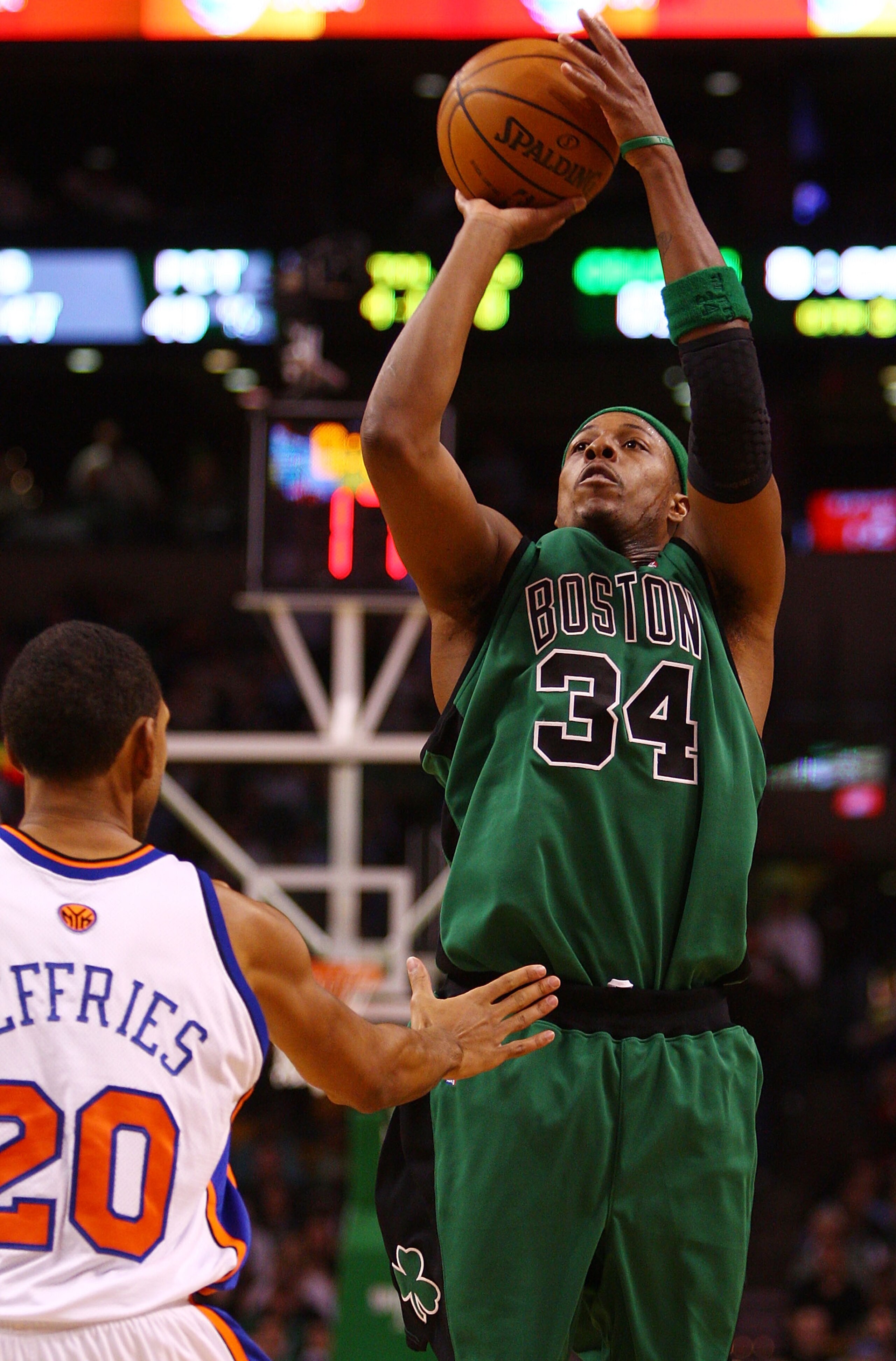 BOSTON - NOVEMBER 29:  Paul Pierce #34 of the Boston Celtics takes a shot over Jared Jeffries #20 of the New York Knicks at the TD Banknorth Garden November 29, 2007 in Boston, Massachusetts.  NOTE TO USER: User expressly acknowledges and agrees that, by