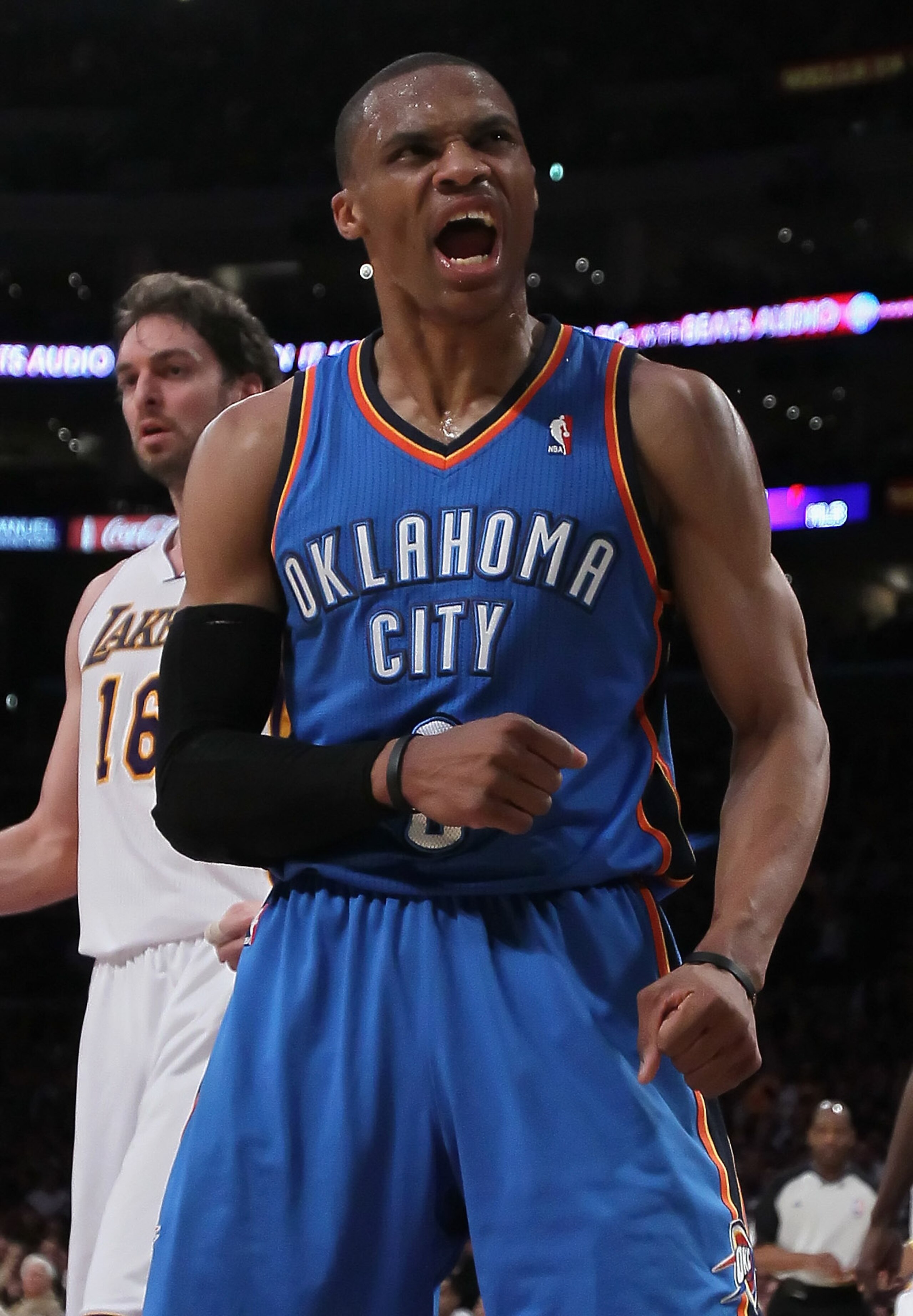 LOS ANGELES, CA - APRIL 10: Russell Westbrook #0 of the Oklahoma City Thunder reacts after being called for a foul in the first half against the Los Angeles Lakers at Staples Center on April 10, 2011 in Los Angeles, California. The Thunder defeated the L LOS ANGELES, CA - APRIL 10: Russell Westbrook #0 of the Oklahoma City Thunder reacts after being called for a foul in the first half against the Los Angeles Lakers at Staples Center on April 10, 2011 in Los Angeles, California. The Thunder defeated the L