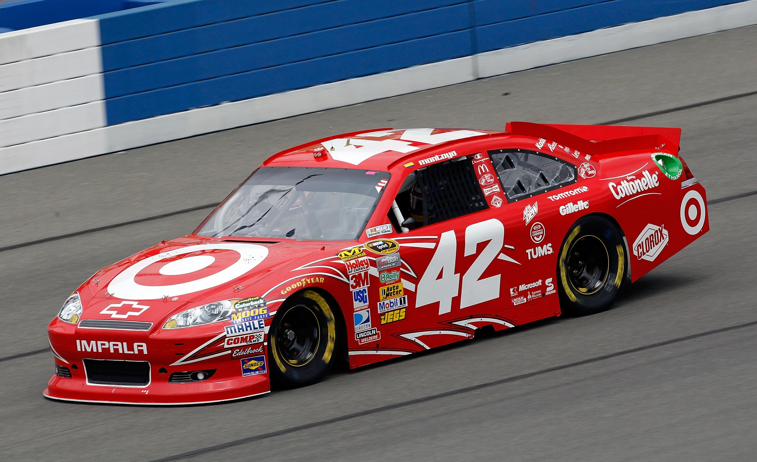 FONTANA, CA - MARCH 26:  Juan Pablo Montoya, driver of the #42 Target Chevrolet, practices for the NASCAR Sprint Cup Series Auto Club 400 at Auto Club Speedway on March 26, 2011 in Fontana, California.  (Photo by Tom Pennington/Getty Images)