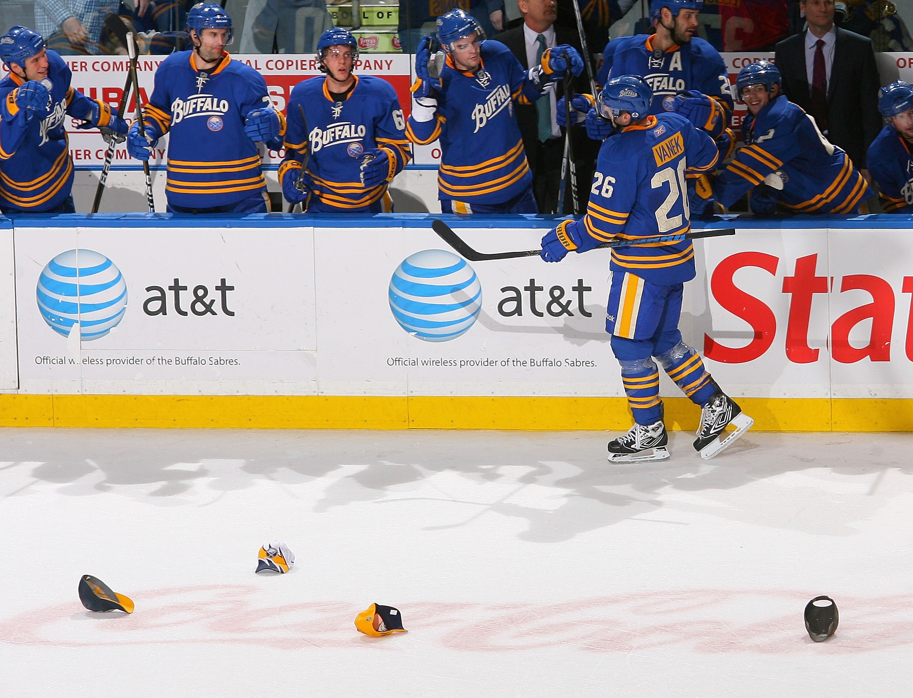 BUFFALO, NY - APRIL 05: Thomas Vanek #26 of the Buffalo Sabres celebrates after scoring his sixth career hat trick in a 4-2 win against the Tampa Bay Lightning at HSBC Arena on April 5, 2011 in Buffalo, New York.  (Photo by Rick Stewart/Getty Images)