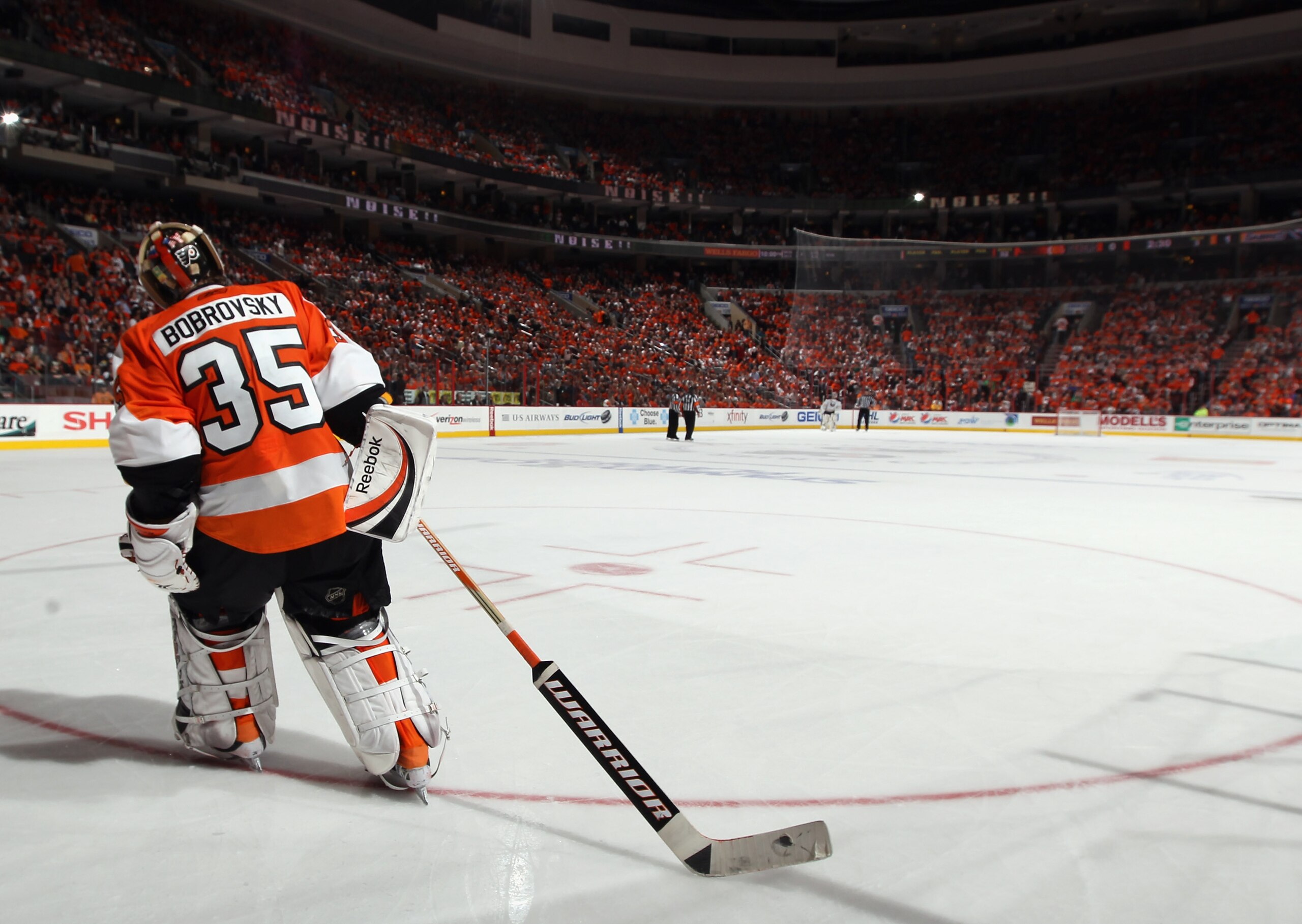 PHILADELPHIA, PA - APRIL 14: Sergei Bobrovsky #35 of the Philadelphia Flyers skates during a third period timeout against the Buffalo Sabres in Game One of the Eastern Conference Quarterfinals during the 2011 NHL Stanley Cup Playoffs at Wells Fargo Center