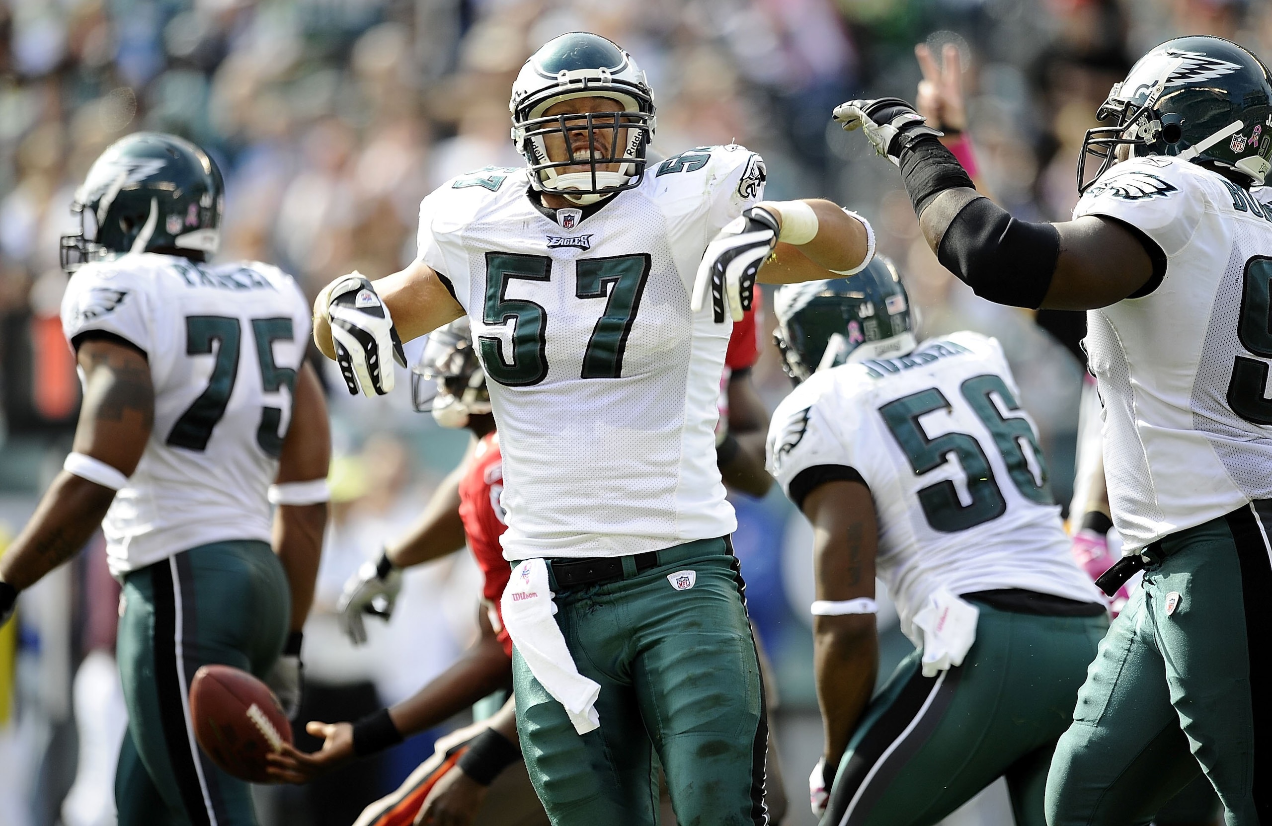 PHILADELPHIA - OCTOBER 11:  Chris Gocong #57 of the Philadelphia Eagles reacts during a game against the Tampa Bay Buccaneers at Lincoln Financial Field on October 11, 2009 in Philadelphia, Pennsylvania.  (Photo by Jeff Zelevansky/Getty Images)