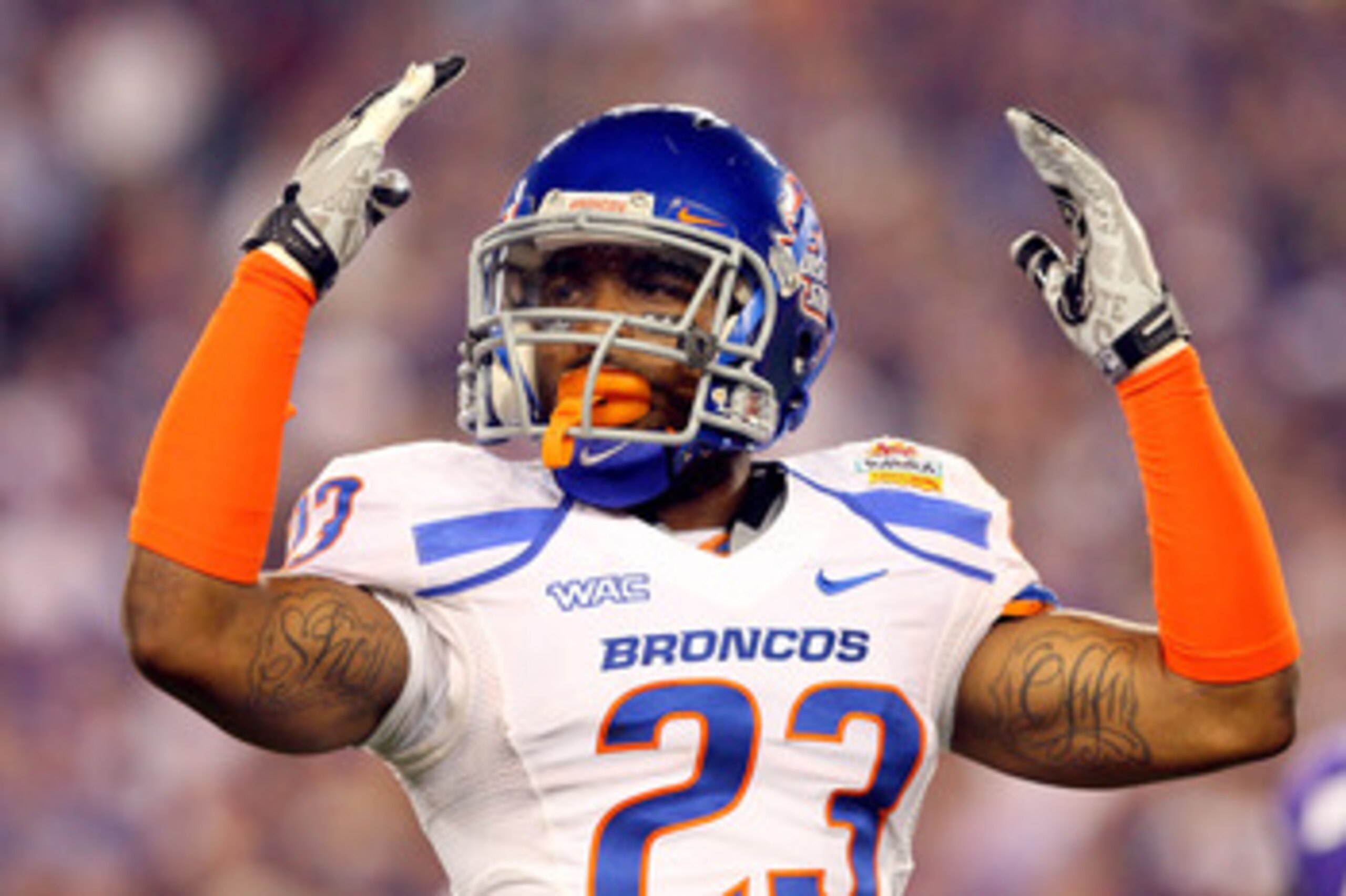 GLENDALE, AZ - JANUARY 04: Jeron Johnson #23 of the Boise State Broncos reacts in the first half against the TCU Horned Frogs during the Tostitos Fiesta Bowl at the Universtity of Phoenix Stadium on January 4, 2010 in Glendale, Arizona. (Photo by Christ GLENDALE, AZ - JANUARY 04: Jeron Johnson #23 of the Boise State Broncos reacts in the first half against the TCU Horned Frogs during the Tostitos Fiesta Bowl at the Universtity of Phoenix Stadium on January 4, 2010 in Glendale, Arizona. (Photo by Christ