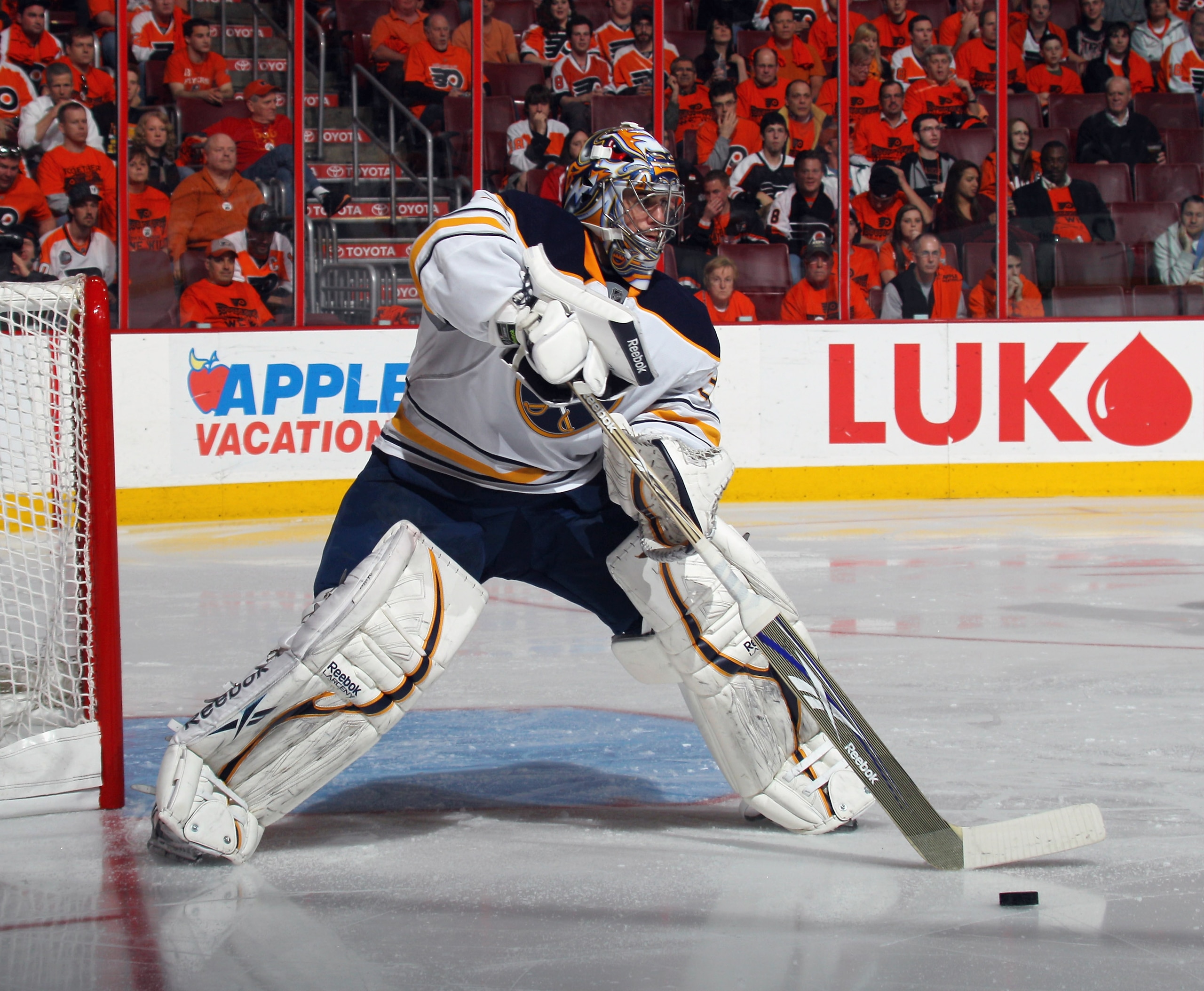 PHILADELPHIA, PA - APRIL 14:  Ryan Miller #30 of the Buffalo Sabres plays the puck against the Philadelphia Flyers in Game One of the Eastern Conference Quarterfinals during the 2011 NHL Stanley Cup Playoffs at Wells Fargo Center on April 14, 2011 in Phil