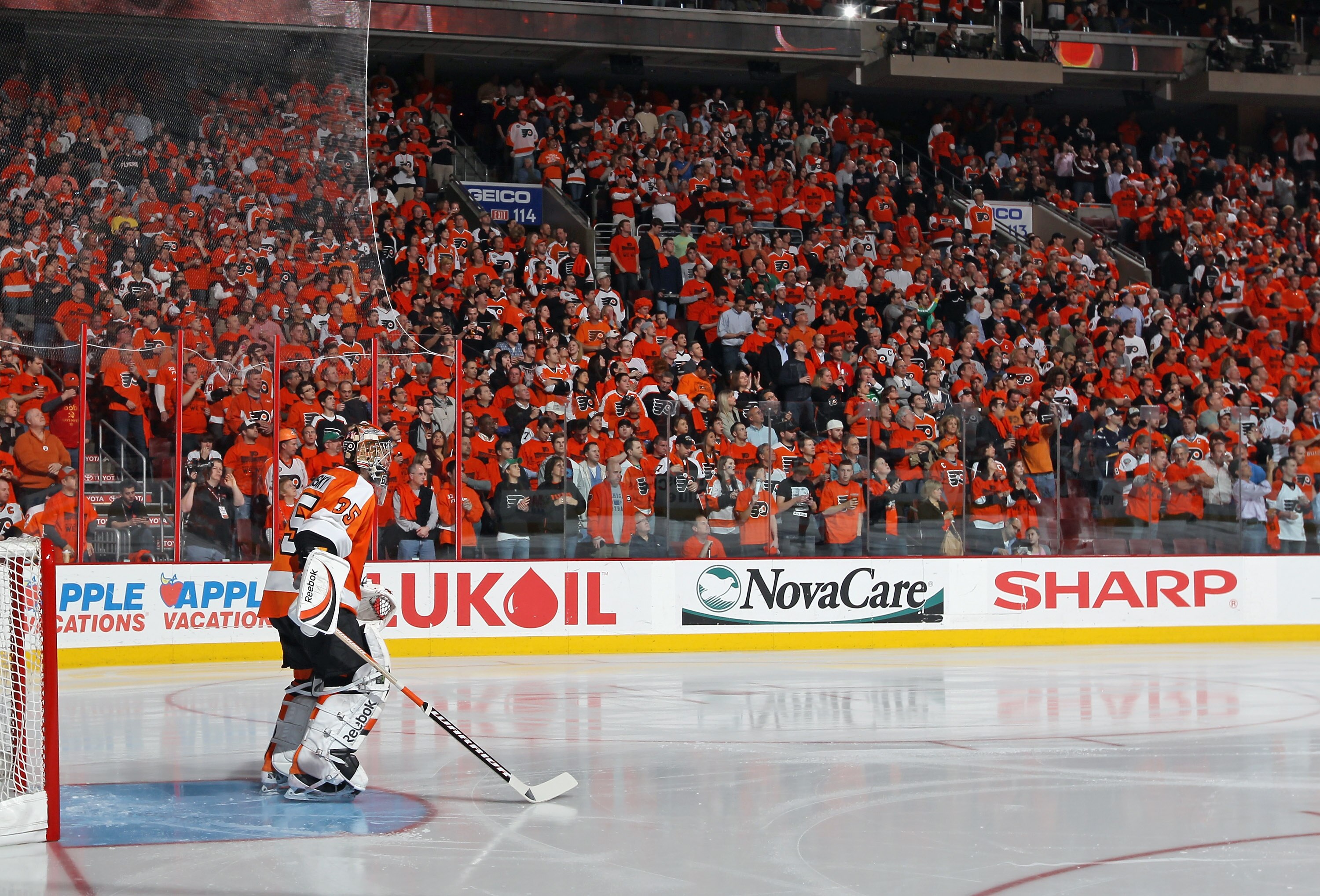 PHILADELPHIA, PA - APRIL 14: Sergei Bobrovsky #35 of the Philadelphia Flyers prepares for the start of the game against the Buffalo Sabres in Game One of the Eastern Conference Quarterfinals during the 2011 NHL Stanley Cup Playoffs at Wells Fargo Center o