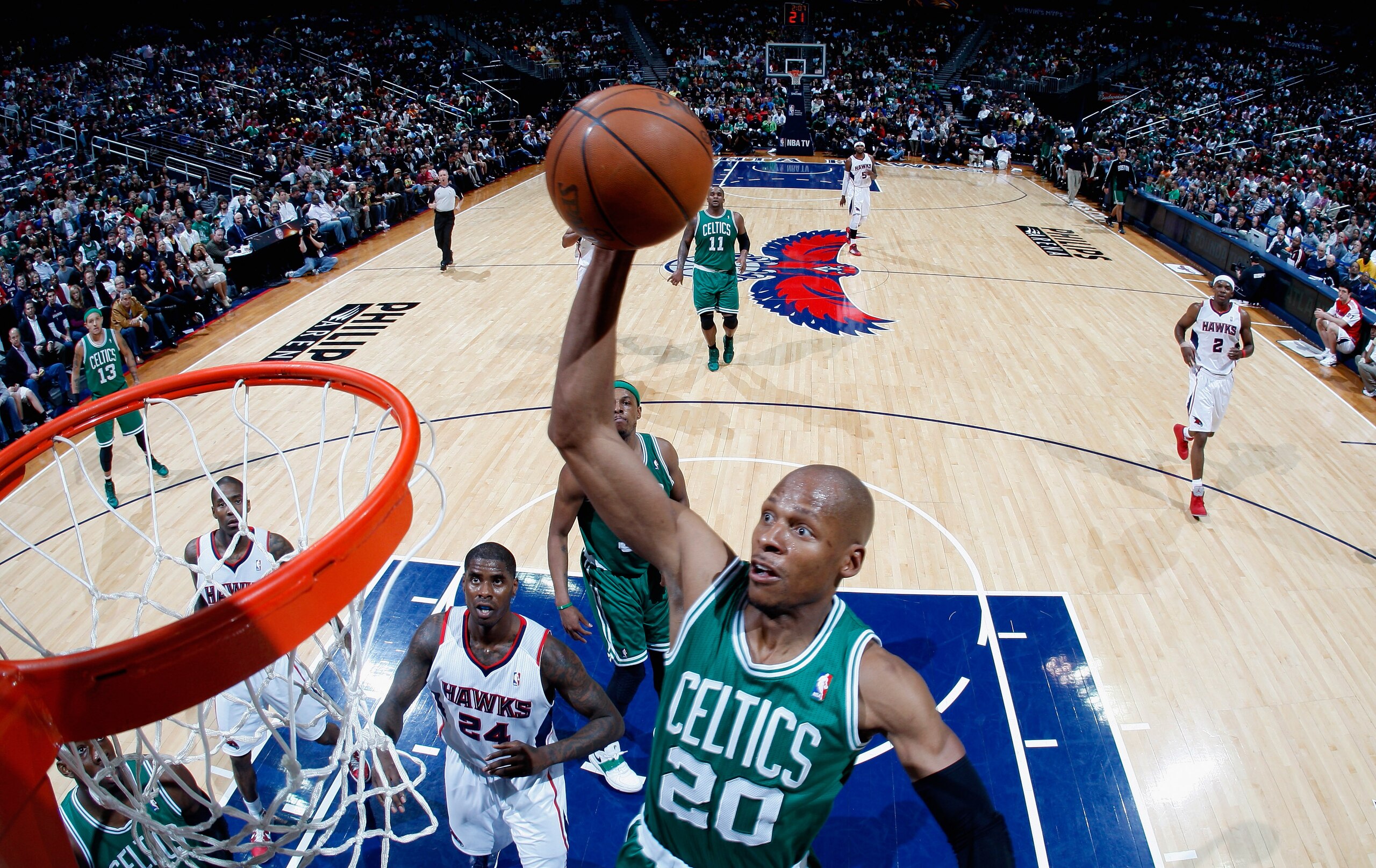ATLANTA, GA - APRIL 01:  Ray Allen #20 of the Boston Celtics against the Atlanta Hawks at Philips Arena on April 1, 2011 in Atlanta, Georgia.  NOTE TO USER: User expressly acknowledges and agrees that, by downloading and/or using this Photograph, user is