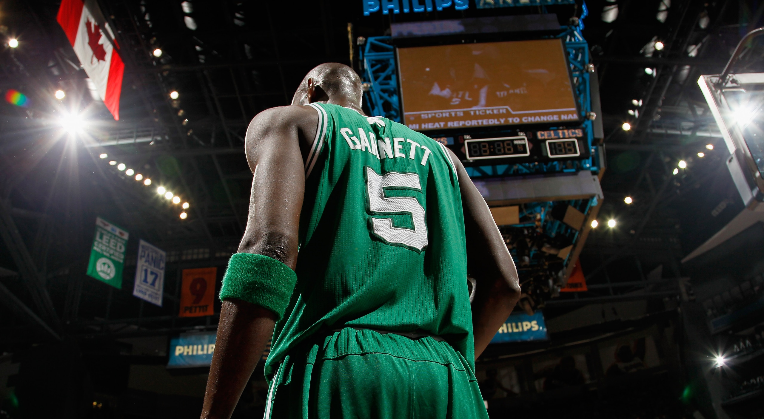 ATLANTA, GA - APRIL 01:  Kevin Garnett #5 of the Boston Celtics against the Atlanta Hawks at Philips Arena on April 1, 2011 in Atlanta, Georgia.  NOTE TO USER: User expressly acknowledges and agrees that, by downloading and/or using this Photograph, user