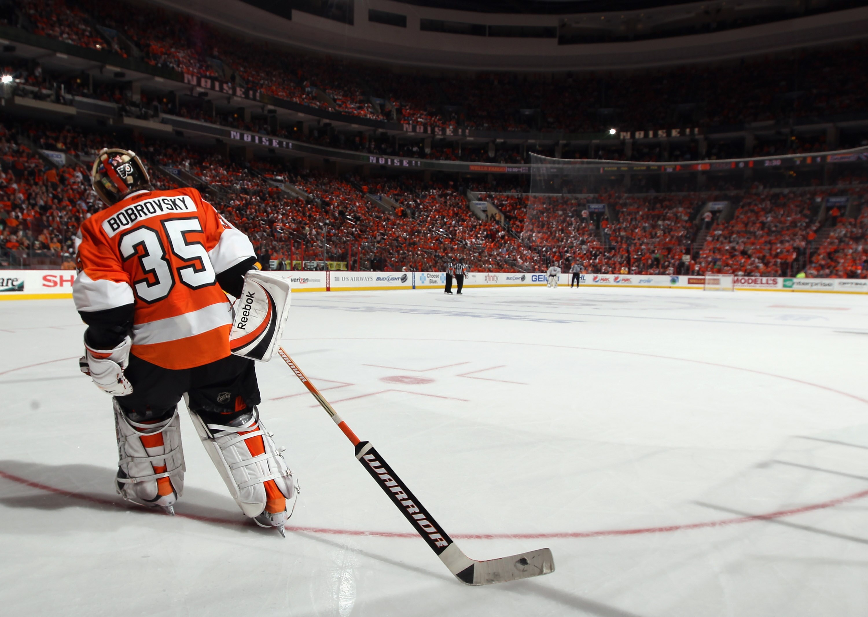 PHILADELPHIA, PA - APRIL 14: Sergei Bobrovsky #35 of the Philadelphia Flyers skates during a third period timeout against the Buffalo Sabres in Game One of the Eastern Conference Quarterfinals during the 2011 NHL Stanley Cup Playoffs at Wells Fargo Center