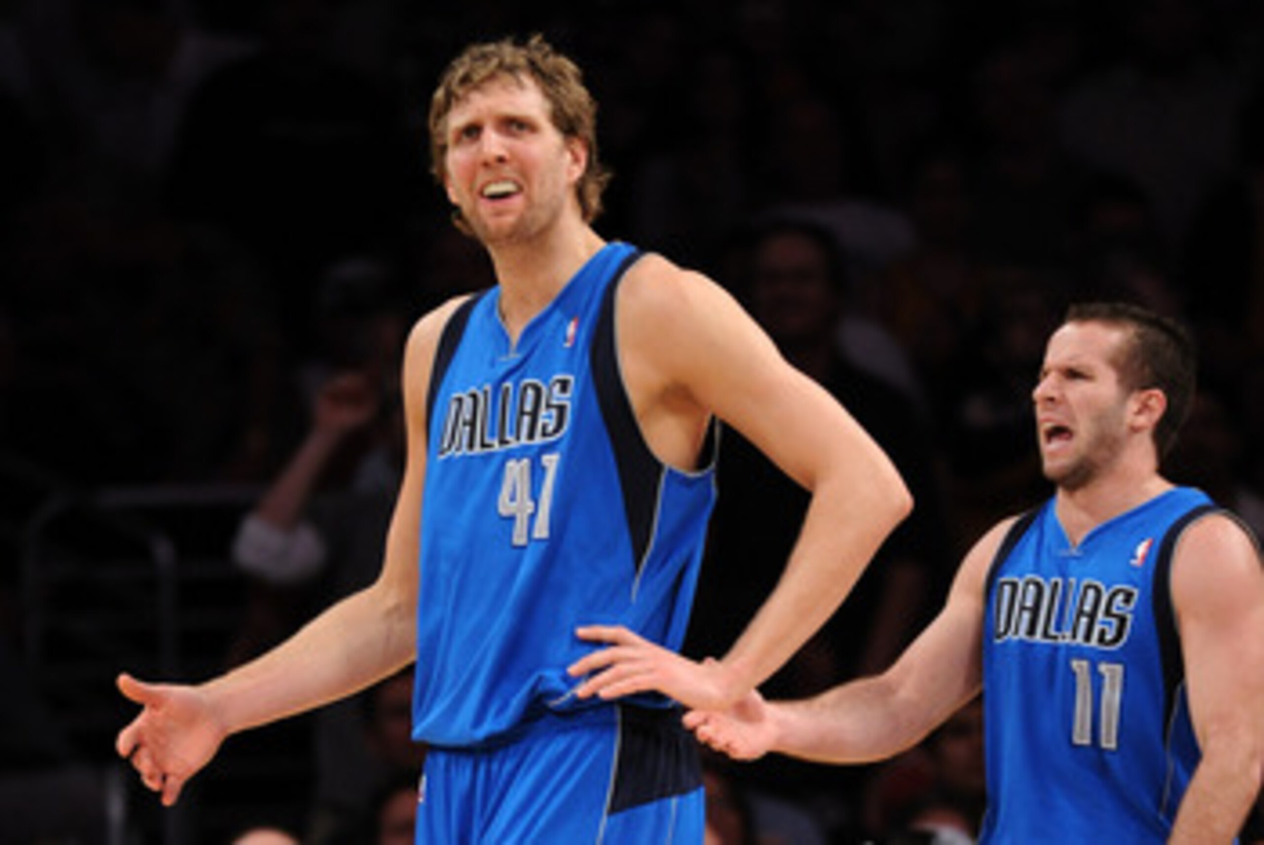LOS ANGELES, CA - MARCH 31:  Dirk Nowitzki #41 and Jose Barea #11 of the Dallas Mavericks react to a foul during the game against the Los Angeles Lakers at Staples Center on March 31, 2011 in Los Angeles, California.  NOTE TO USER: User expressly acknowle