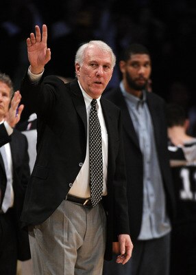 LOS ANGELES, CA - APRIL 12:  Head Coach Gregg Popovich of the San Antonio Spurs reacts from the bench during a 102-93 Los Angeles Lakers win at Staples Center on April 12, 2011 in Los Angeles, California.  NOTE TO USER: User expressly acknowledges and agr