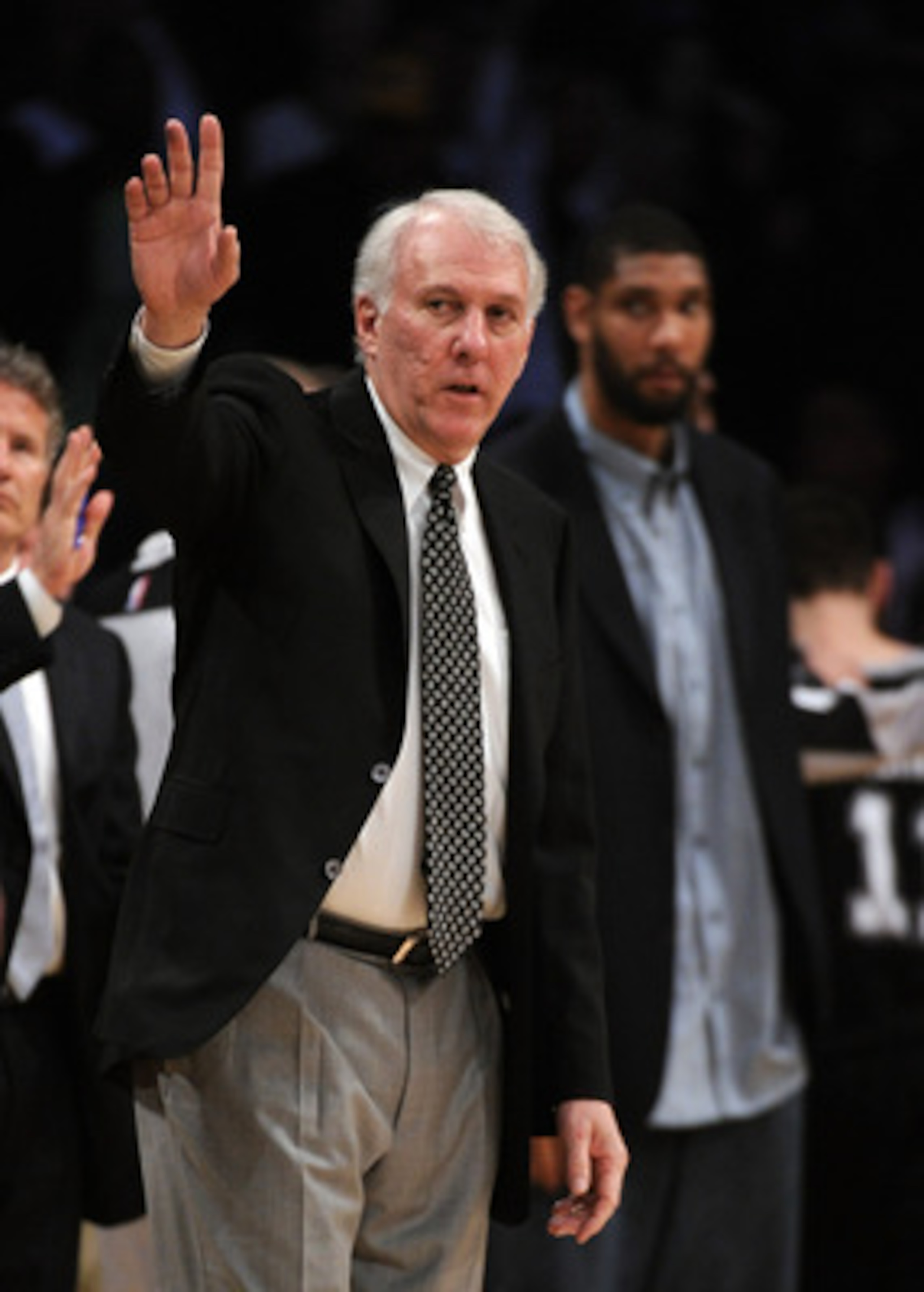 LOS ANGELES, CA - APRIL 12:  Head Coach Gregg Popovich of the San Antonio Spurs reacts from the bench during a 102-93 Los Angeles Lakers win at Staples Center on April 12, 2011 in Los Angeles, California.  NOTE TO USER: User expressly acknowledges and agr