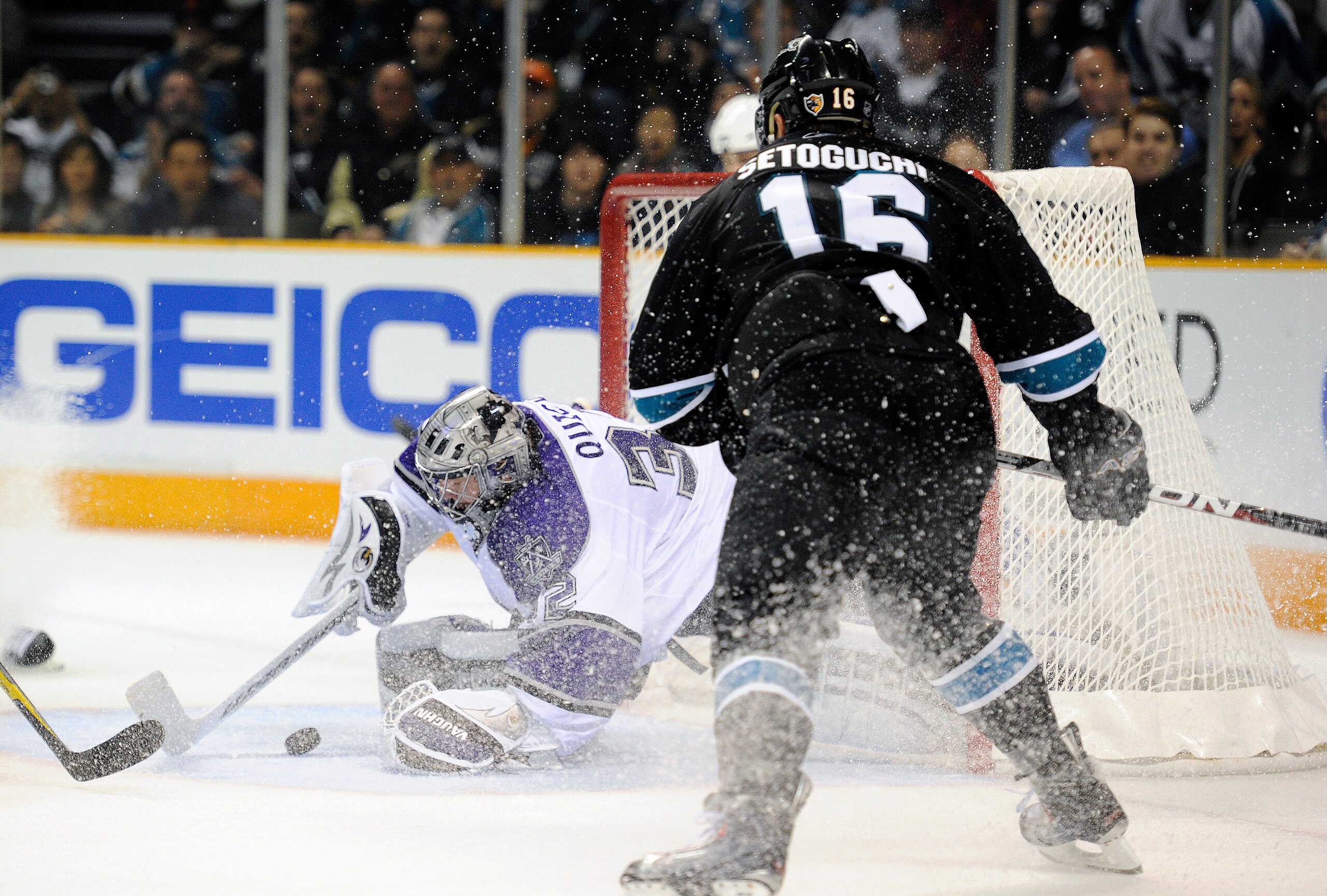 SAN JOSE, CA - APRIL 14: Devin Setoguchi #16 of the San Jose Sharks cant get his shot pass Jonathan Quick #32 of the Los Angeles Kings in Game One of the Western Conference Quarterfinals  during the 2011 NHL Stanley Cup Playoffs at the HP Pavilion on Apri