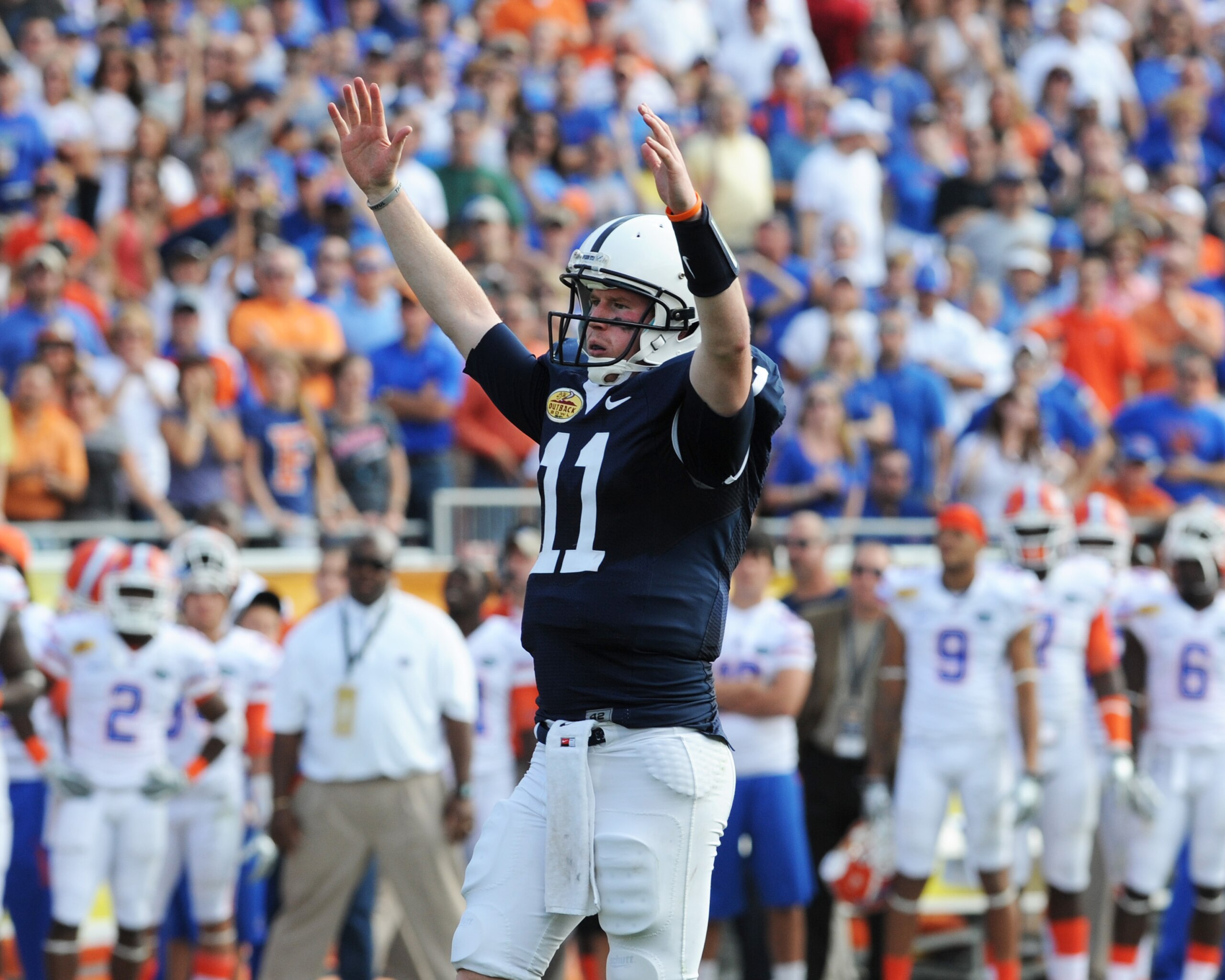 TAMPA, FL - JANUARY 1: Quarterback Matt McGloin #11 of the Penn State Nittany Lions celebrates a touchdown pass against the Florida Gators January 1, 2011 in the 25th Outback Bowl at Raymond James Stadium in Tampa, Florida. (Photo by Al Messerschmidt/Ge TAMPA, FL - JANUARY 1: Quarterback Matt McGloin #11 of the Penn State Nittany Lions celebrates a touchdown pass against the Florida Gators January 1, 2011 in the 25th Outback Bowl at Raymond James Stadium in Tampa, Florida. (Photo by Al Messerschmidt/Ge