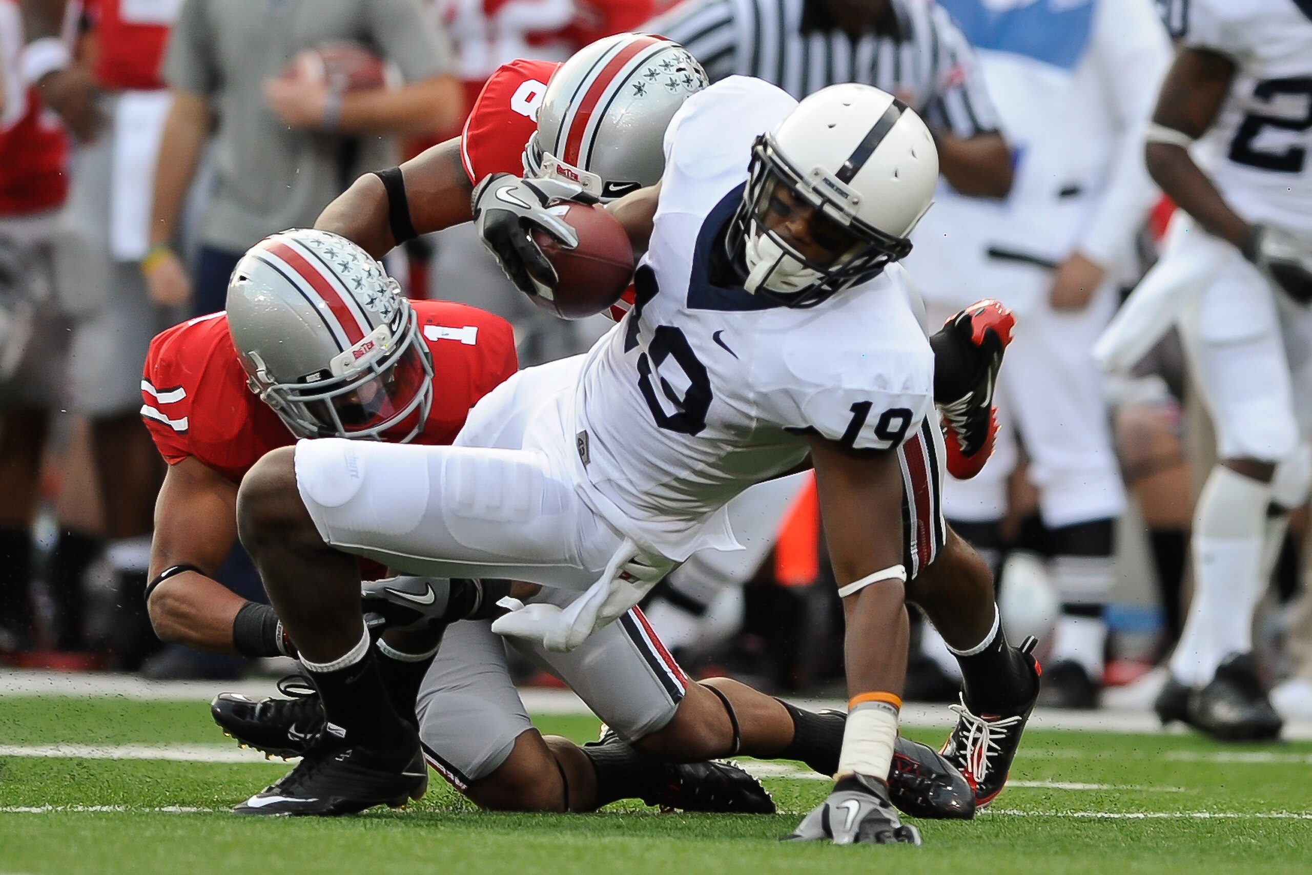 COLUMBUS, OH - NOVEMBER 13: Justin Brown #19 of the Penn State Nittany Lions is tackled after making a pass reception against the Ohio State Buckeyes at Ohio Stadium on November 13, 2010 in Columbus, Ohio. (Photo by Jamie Sabau/Getty Images) COLUMBUS, OH - NOVEMBER 13: Justin Brown #19 of the Penn State Nittany Lions is tackled after making a pass reception against the Ohio State Buckeyes at Ohio Stadium on November 13, 2010 in Columbus, Ohio. (Photo by Jamie Sabau/Getty Images)