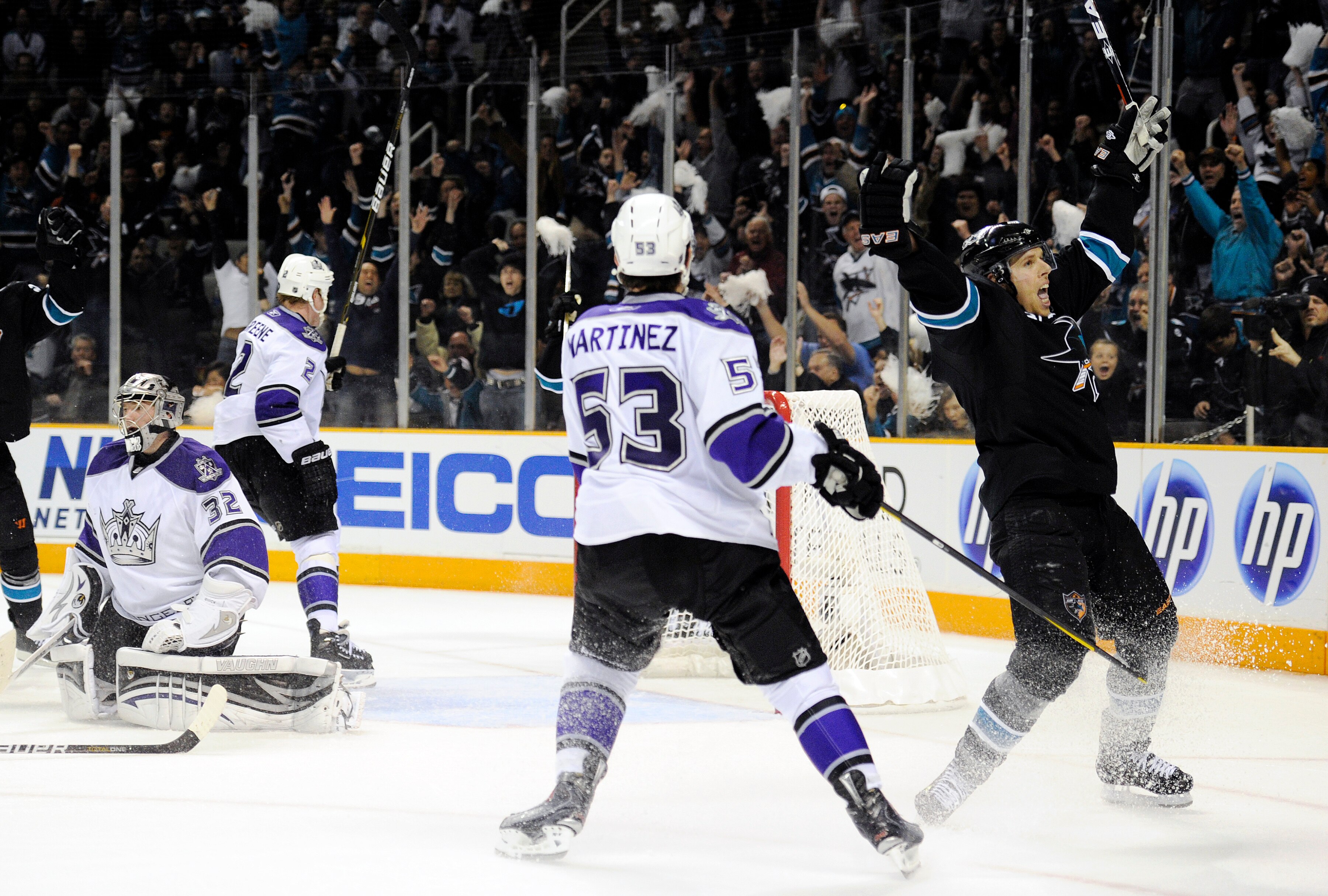 SAN JOSE, CA - APRIL 14: Joe Pavelski #8 of the San Jose Sharks celebrates after scoring the winning goal in overtime against the Los Angeles Kings in Game One of the Western Conference Quarterfinals  during the 2011 NHL Stanley Cup Playoffs at the HP Pav