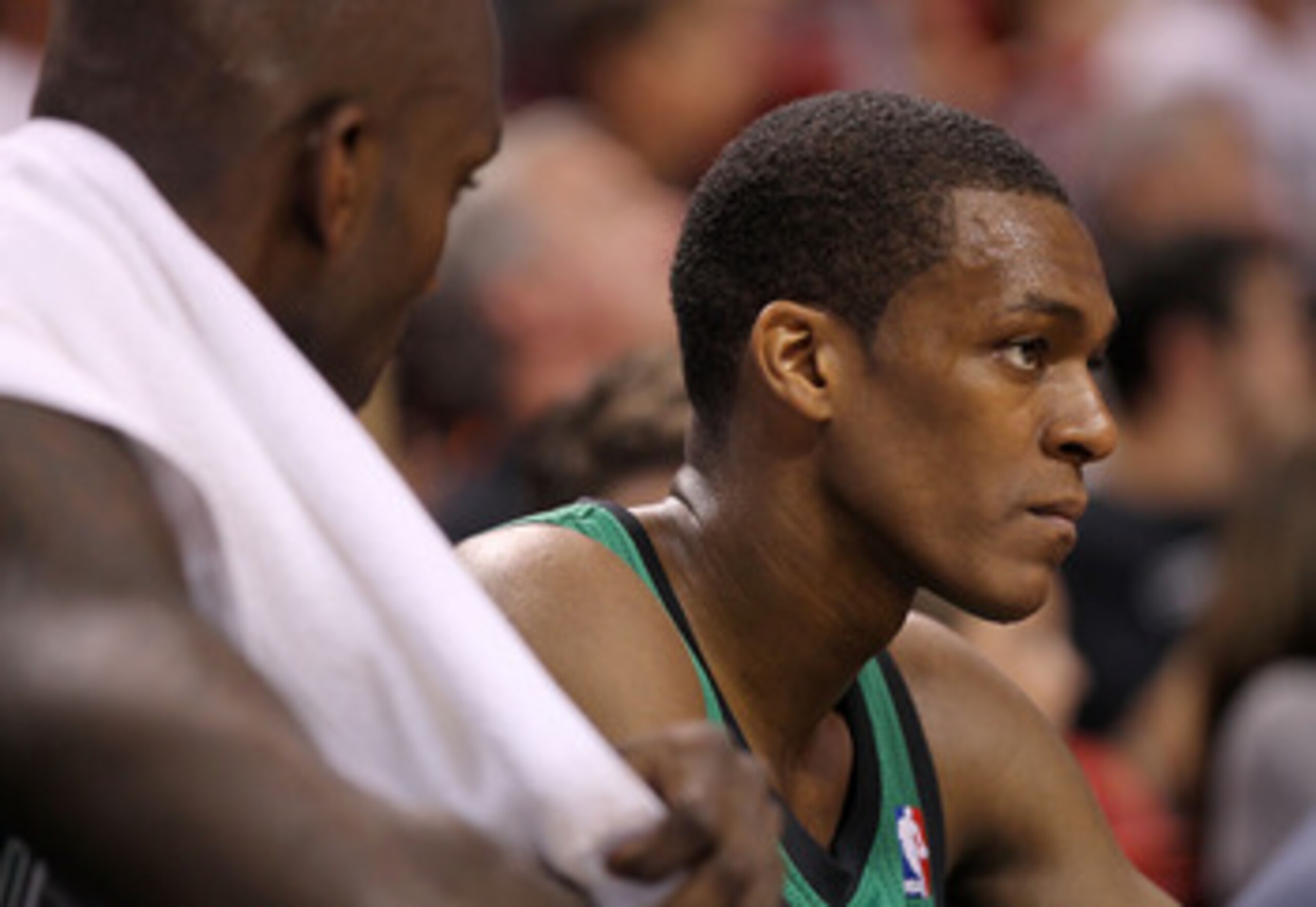 MIAMI, FL - APRIL 10:  Rajon Rondo #9  of the Boston Celtics looks on during a game against the Miami Heat  at American Airlines Arena on April 10, 2011 in Miami, Florida. NOTE TO USER: User expressly acknowledges and agrees that, by downloading and/or us