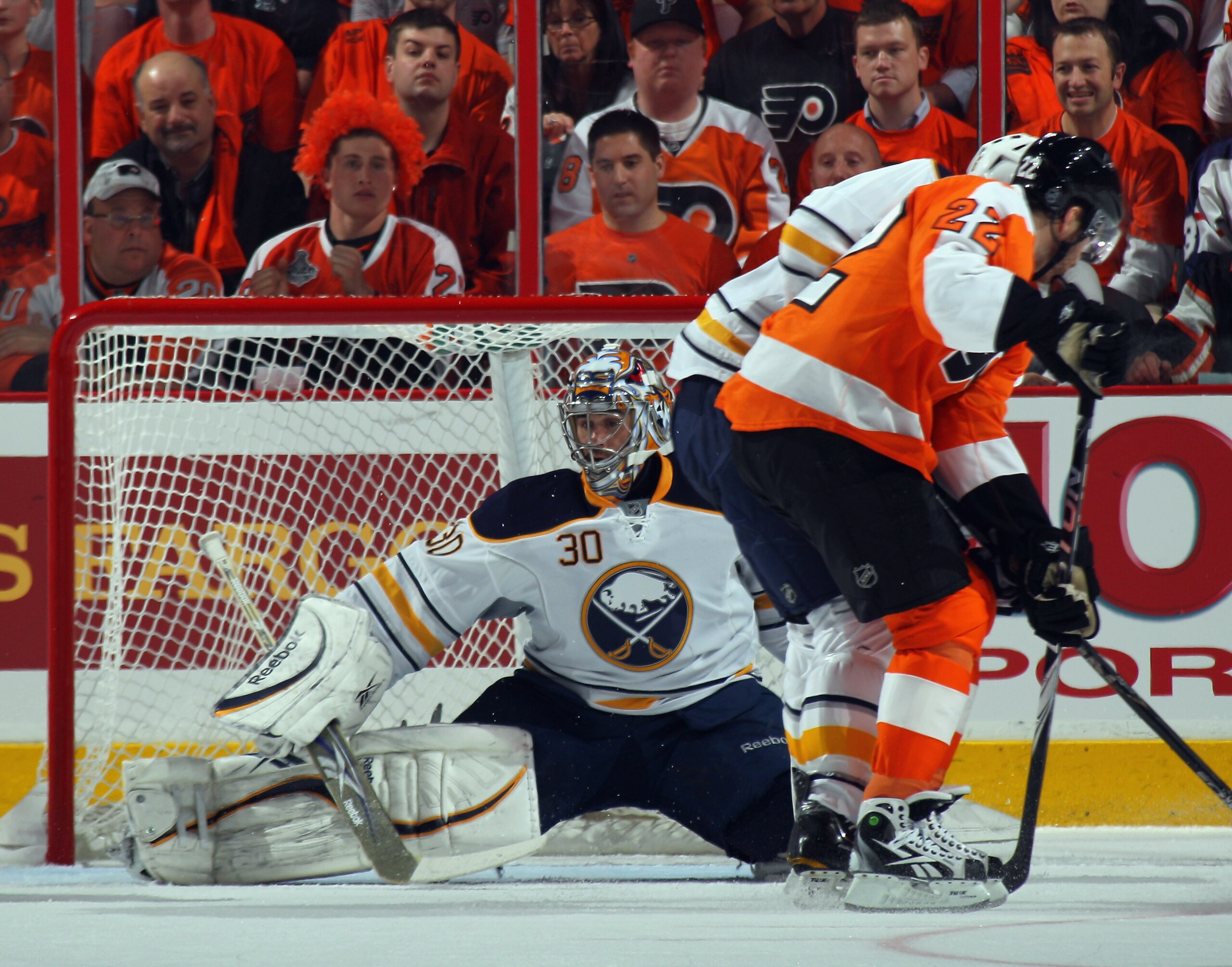 PHILADELPHIA, PA - APRIL 14: Ryan Miller #30 of the Buffalo Sabres plays the puck against the Philadelphia Flyers in Game One of the Eastern Conference Quarterfinals during the 2011 NHL Stanley Cup Playoffs at Wells Fargo Center on April 14, 2011 in Phil PHILADELPHIA, PA - APRIL 14: Ryan Miller #30 of the Buffalo Sabres plays the puck against the Philadelphia Flyers in Game One of the Eastern Conference Quarterfinals during the 2011 NHL Stanley Cup Playoffs at Wells Fargo Center on April 14, 2011 in Phil