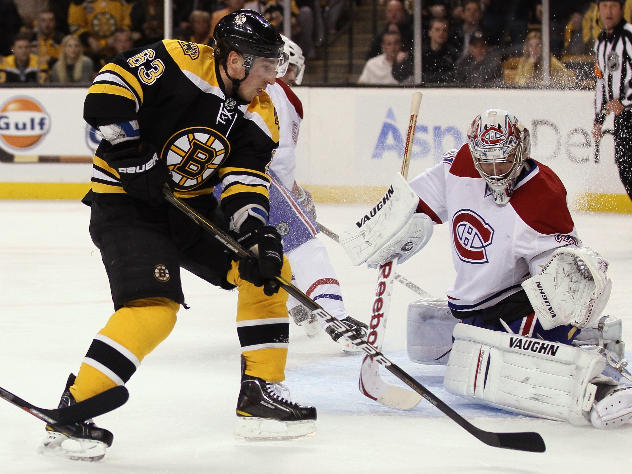 BOSTON, MA - APRIL 14: Brad Marchand #63 of the Boston Bruins cannot get the puck past Carey Price #31 of the Montreal Canadiens in Game One of the Eastern Conference Quarterfinals during the 2011 NHL Stanley Cup Playoffs at TD Garden on April 14, 2011 BOSTON, MA - APRIL 14: Brad Marchand #63 of the Boston Bruins cannot get the puck past Carey Price #31 of the Montreal Canadiens in Game One of the Eastern Conference Quarterfinals during the 2011 NHL Stanley Cup Playoffs at TD Garden on April 14, 2011
