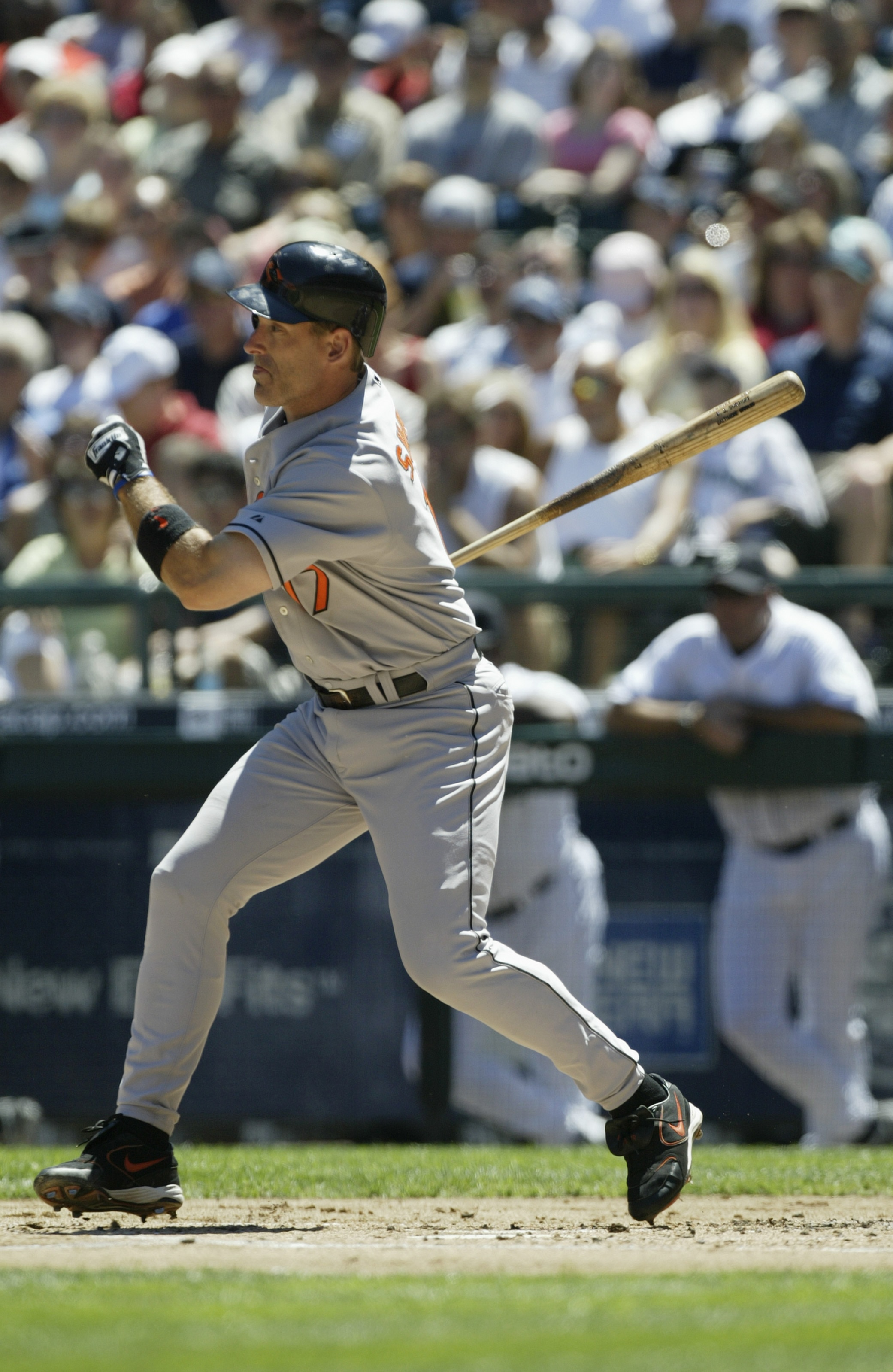 SEATTLE - JULY 17:  Outfielder B.J. Surhoff #17 of the Baltimore Orioles follows through on a hit against the Seattle Mariners during the MLB game on July 17, 2005 at Safeco Field in Seattle Washington. The Mariners defeated the Orioles 8-2.  (Photo by Ot