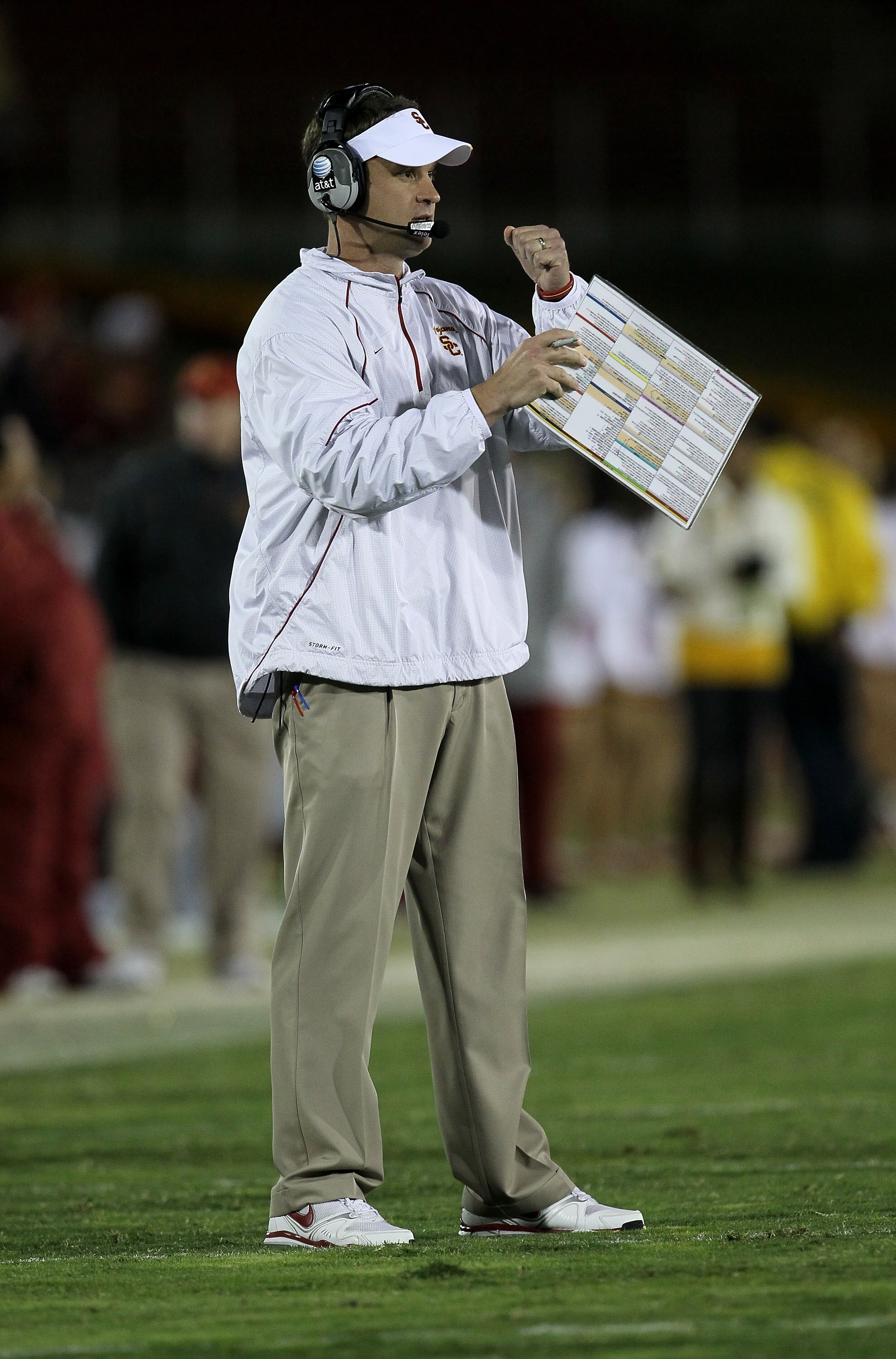 LOS ANGELES - NOVEMBER 27:  Head coach Lane Kiffin of the USC Trojans signals during the game with the Notre Dame Fighting Irish at the Los Angeles Memorial Coliseum on November 27, 2010 in Los Angeles, California.  Notre Dame won 20-16.  (Photo by Stephe