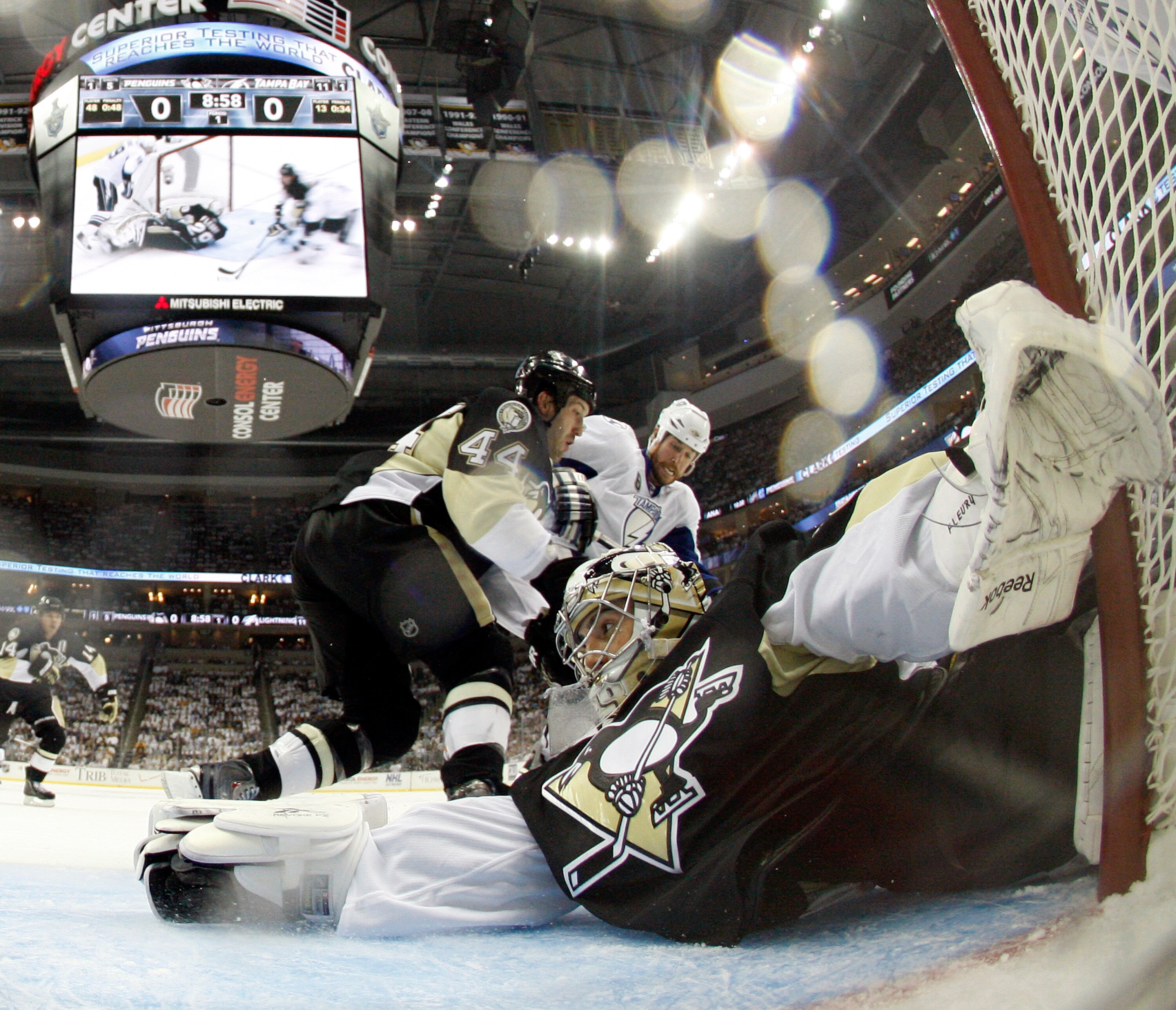 PITTSBURGH, PA - APRIL 13: Marc-Andre Fleury #29 of the Pittsburgh Penguins protects the net against the Tampa Bay Lightning in Game One of the Eastern Conference Quarterfinals during the 2011 NHL Stanley Cup Playoffs at Consol Energy Center on April 13,