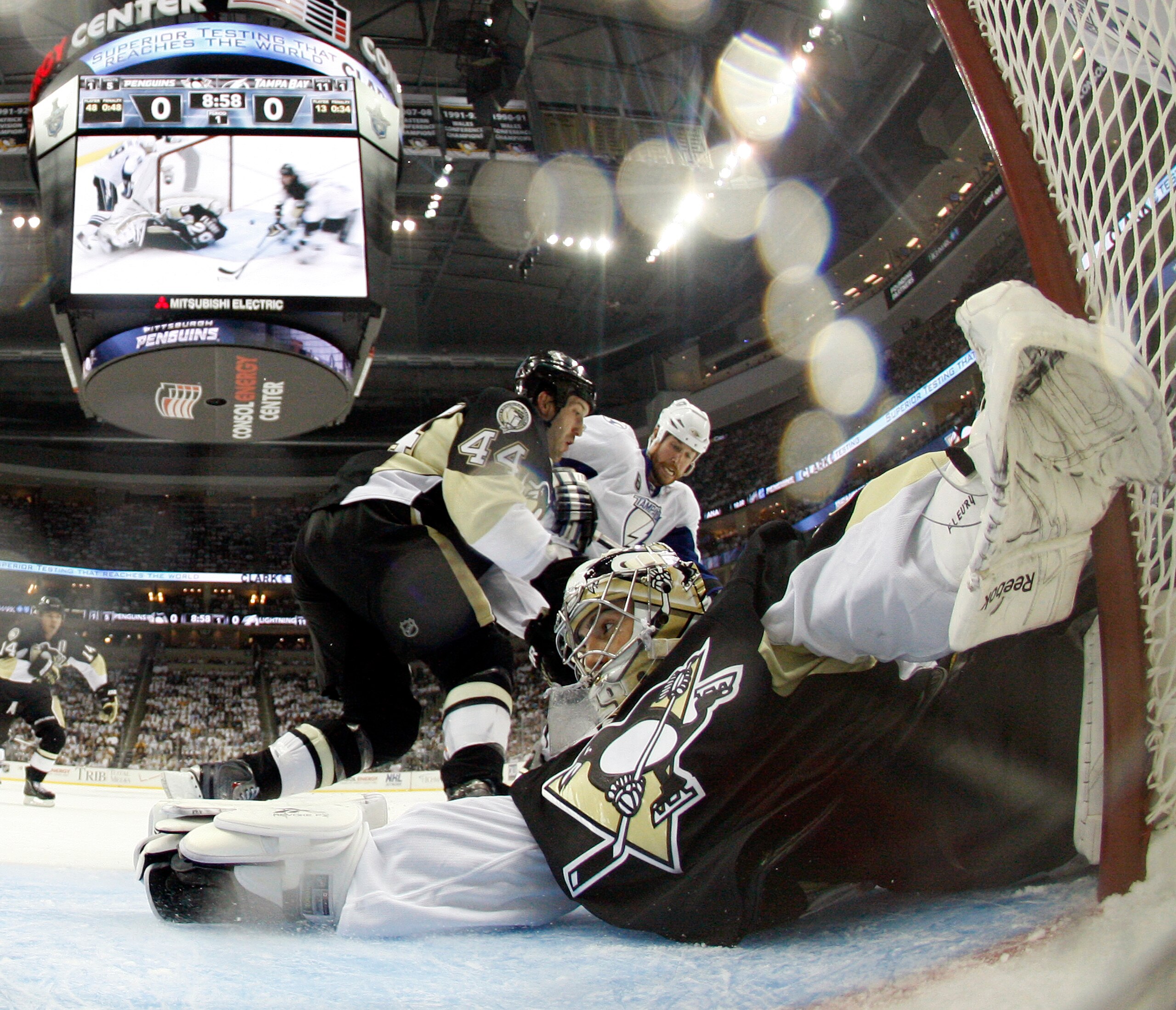 PITTSBURGH, PA - APRIL 13: Marc-Andre Fleury #29 of the Pittsburgh Penguins protects the net against the Tampa Bay Lightning in Game One of the Eastern Conference Quarterfinals during the 2011 NHL Stanley Cup Playoffs at Consol Energy Center on April 13,