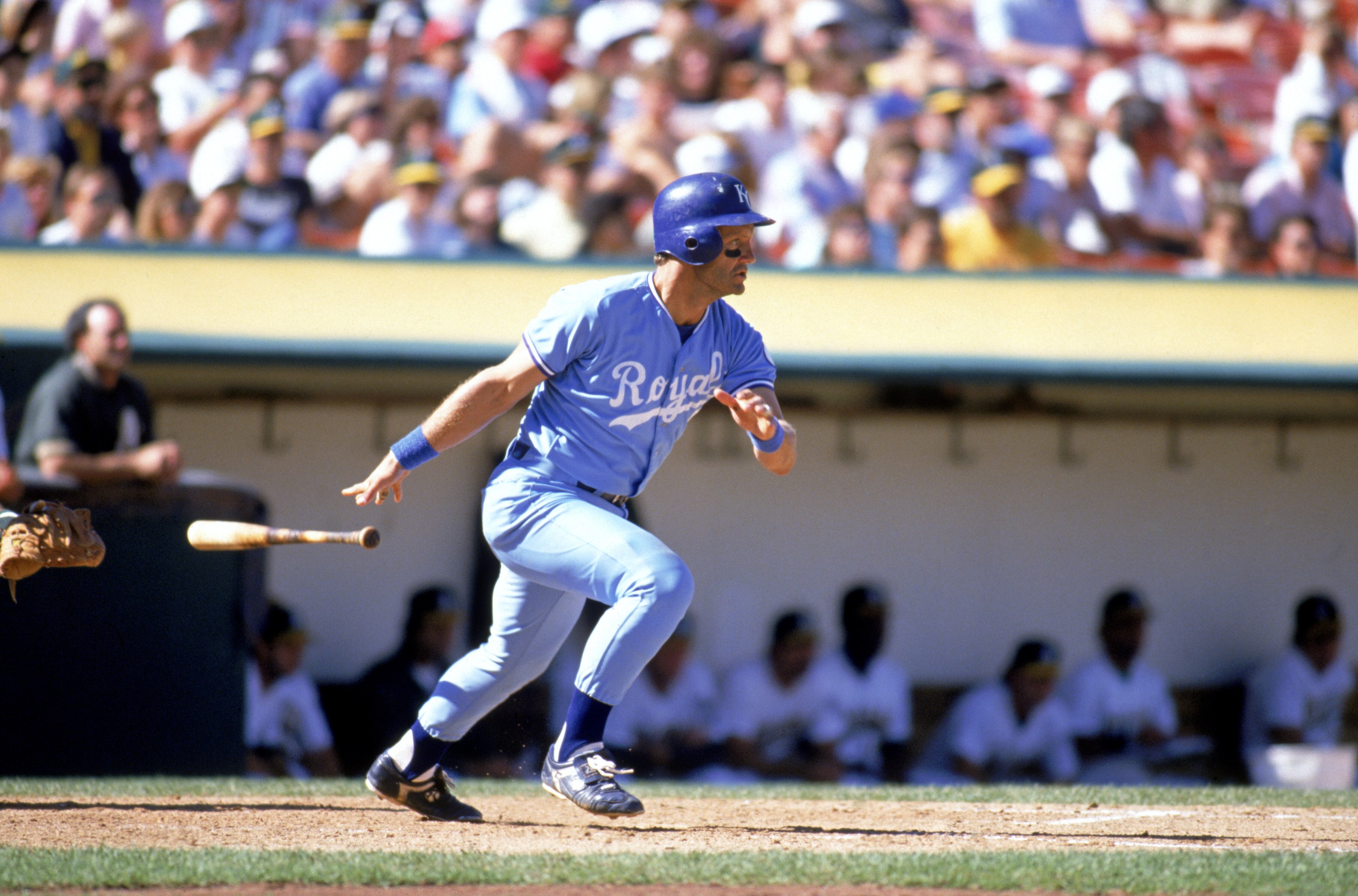 OAKLAND, CA - 1989:  George Brett #5 of the Kansas City Royals bats during a game in the 1989 season against the Oakland Athletics at Oakland-Alameda Coliseum in Oakland, California. (Photo by Otto Greule Jr/Getty Images)