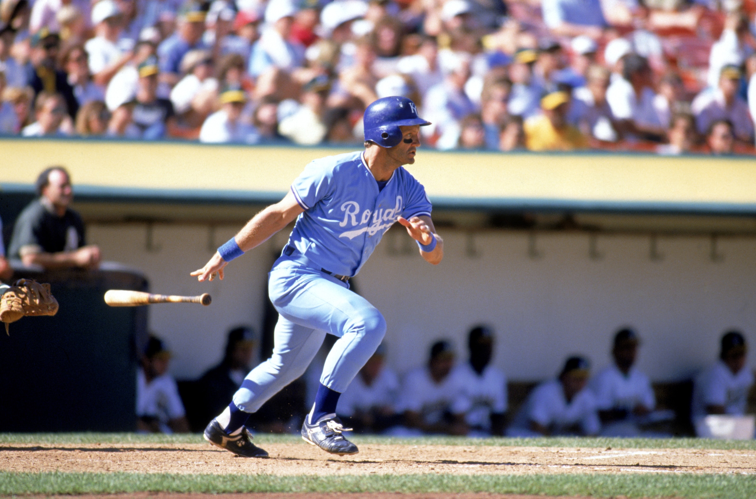 OAKLAND, CA - 1989:  George Brett #5 of the Kansas City Royals bats during a game in the 1989 season against the Oakland Athletics at Oakland-Alameda Coliseum in Oakland, California. (Photo by Otto Greule Jr/Getty Images)